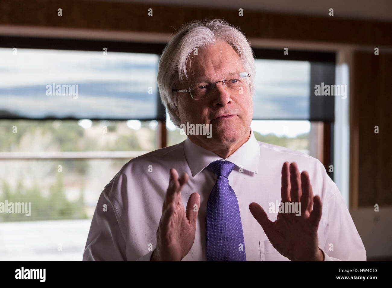 Kaukasische Geschäftsmann Gestik beim sprechen Stockfoto