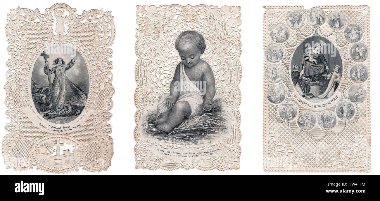 katholische Andacht Bilder, Heilige Karte aus Papier, die Darstellung der Jungfrau Maria und das Jesuskind. 19. Jahrhundert, 1850 Stockfoto
