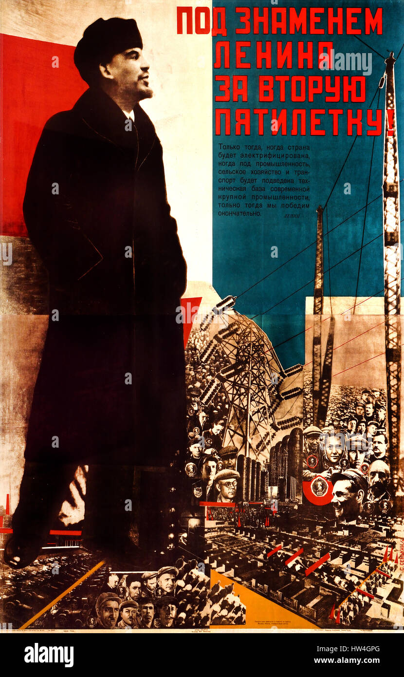 Unter dem Banner von Lenin auf den zweiten Fünfjahresplan von Sergej Jakowlewitsch Senkin russische Propaganda - Werbung poster Russland UDSSR (Russische Revolution 1917 - 1952) Stockfoto