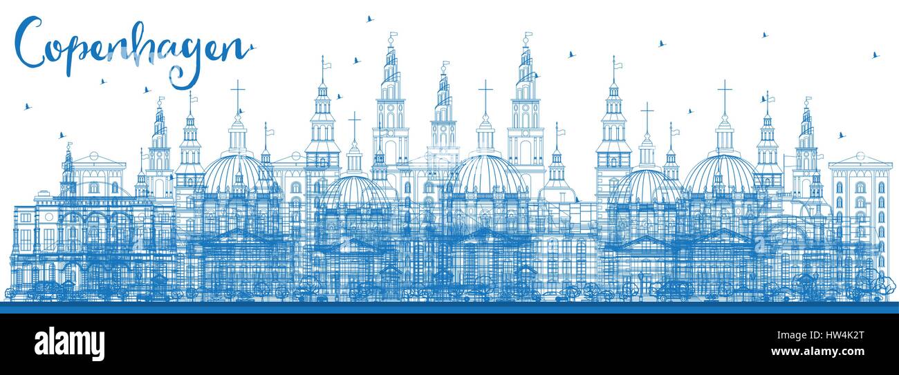 Überblick Kopenhagen Skyline mit blauen Wahrzeichen. Vector Illustration. Business Travel und Tourismus Konzept mit historischen Gebäuden. Stock Vektor