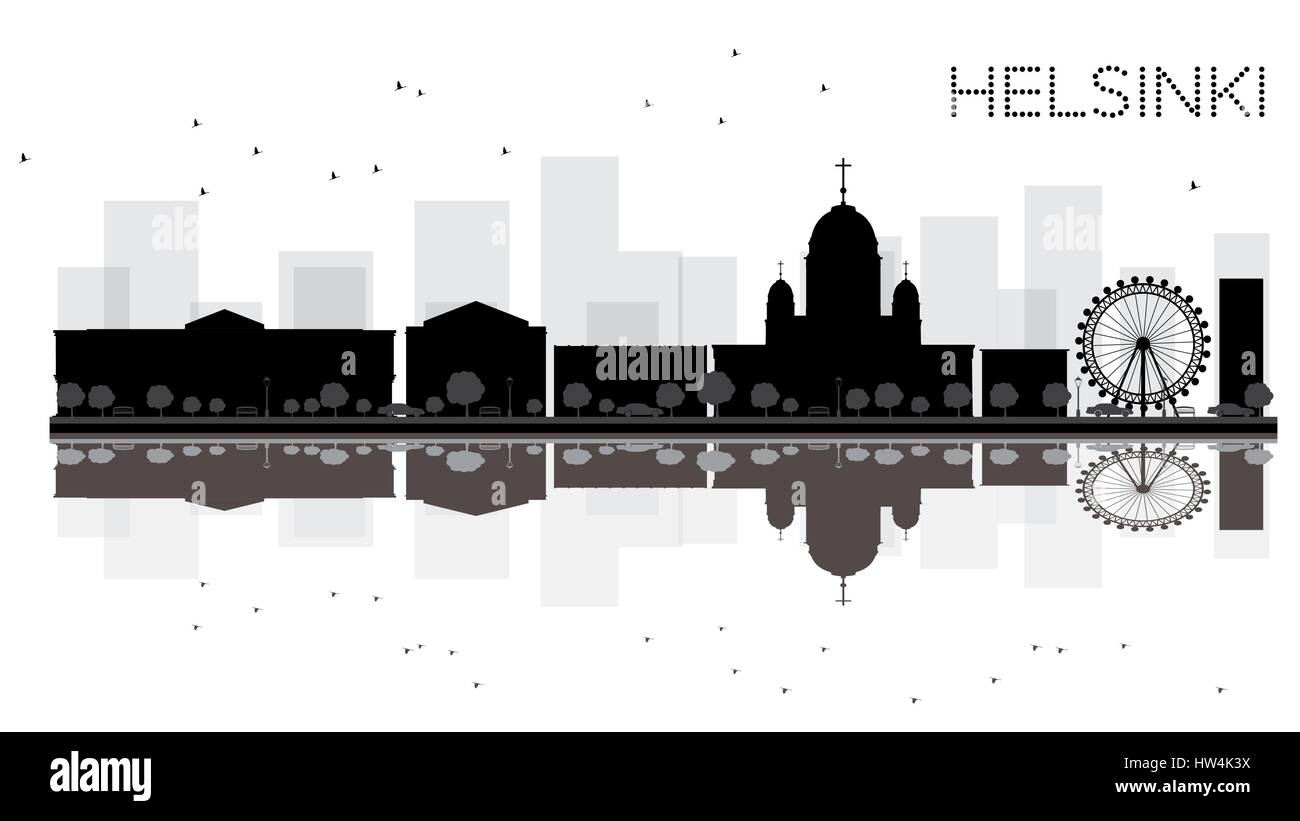 Helsinki City Skyline schwarz-weiß Silhouette mit Reflexionen. Vektor-Illustration. Einfache flache Konzept für Tourismus Präsentation, Banner, Plakat Stock Vektor