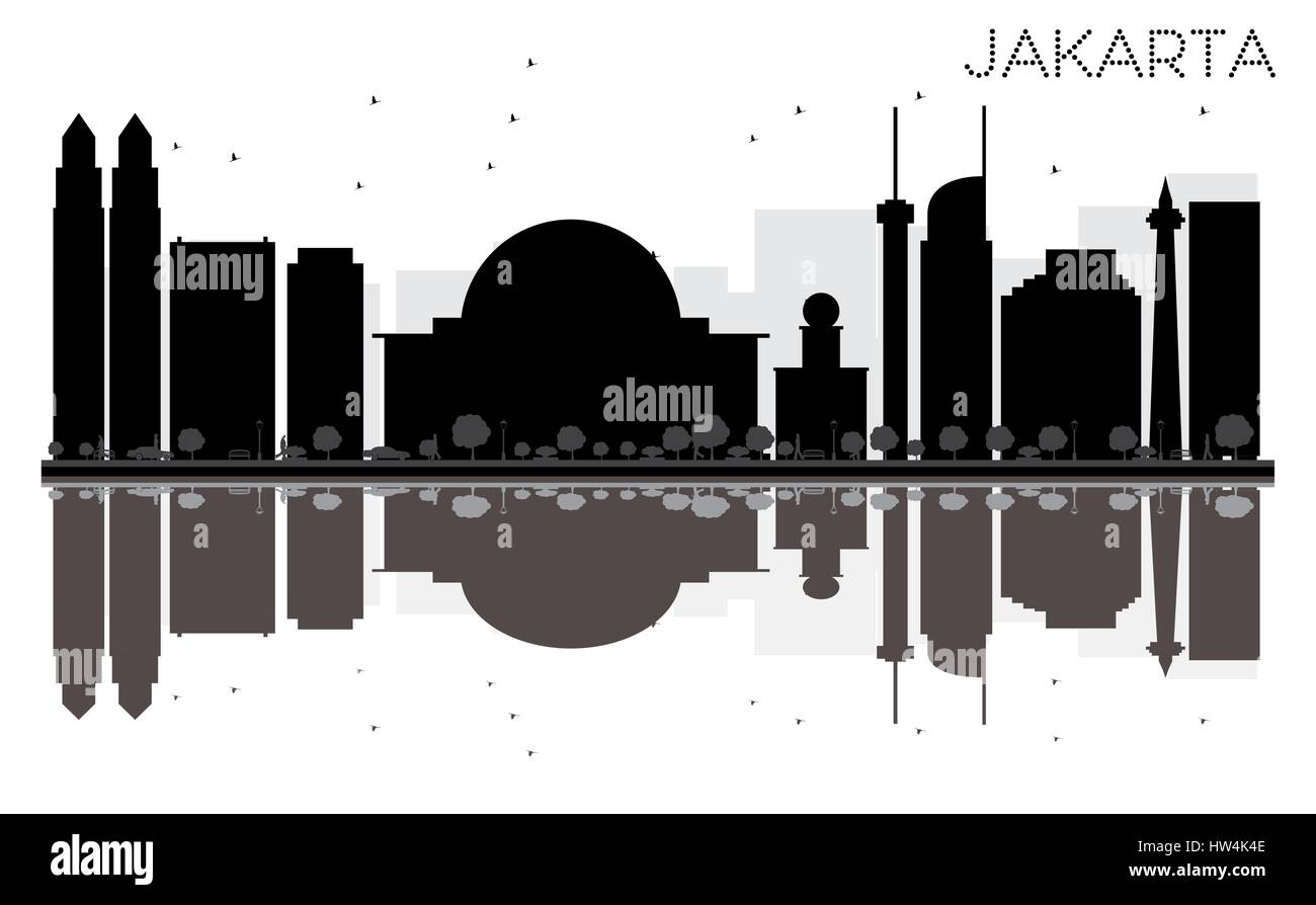 Jakarta Skyline der Stadt schwarze und weiße Silhouette mit Reflexionen. Vector Illustration. einfache flache Konzept für Tourismus Präsentation, Banner, Plakat o Stock Vektor