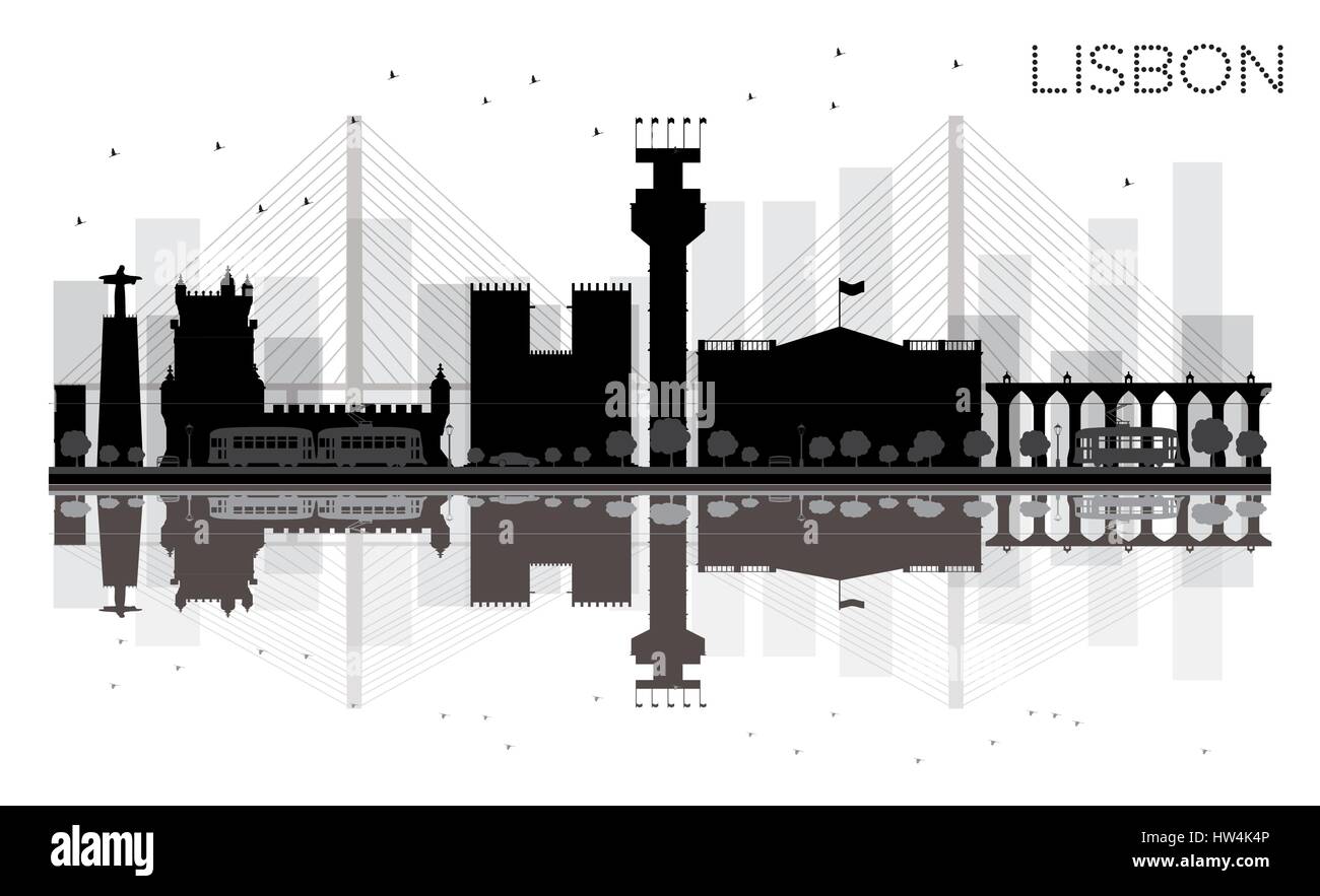 Lissabon City Skyline schwarze und weiße Silhouette mit Reflexionen. Vector Illustration. einfache flache Konzept für Tourismus Präsentation, Banner Stock Vektor