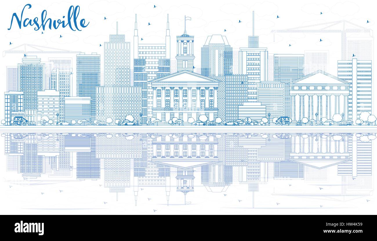 Umriss Nashville Skyline mit blauen Gebäuden und Reflexionen. Vektor-Illustration. Geschäftsreisen und Tourismus-Konzept mit moderner Architektur. Stock Vektor