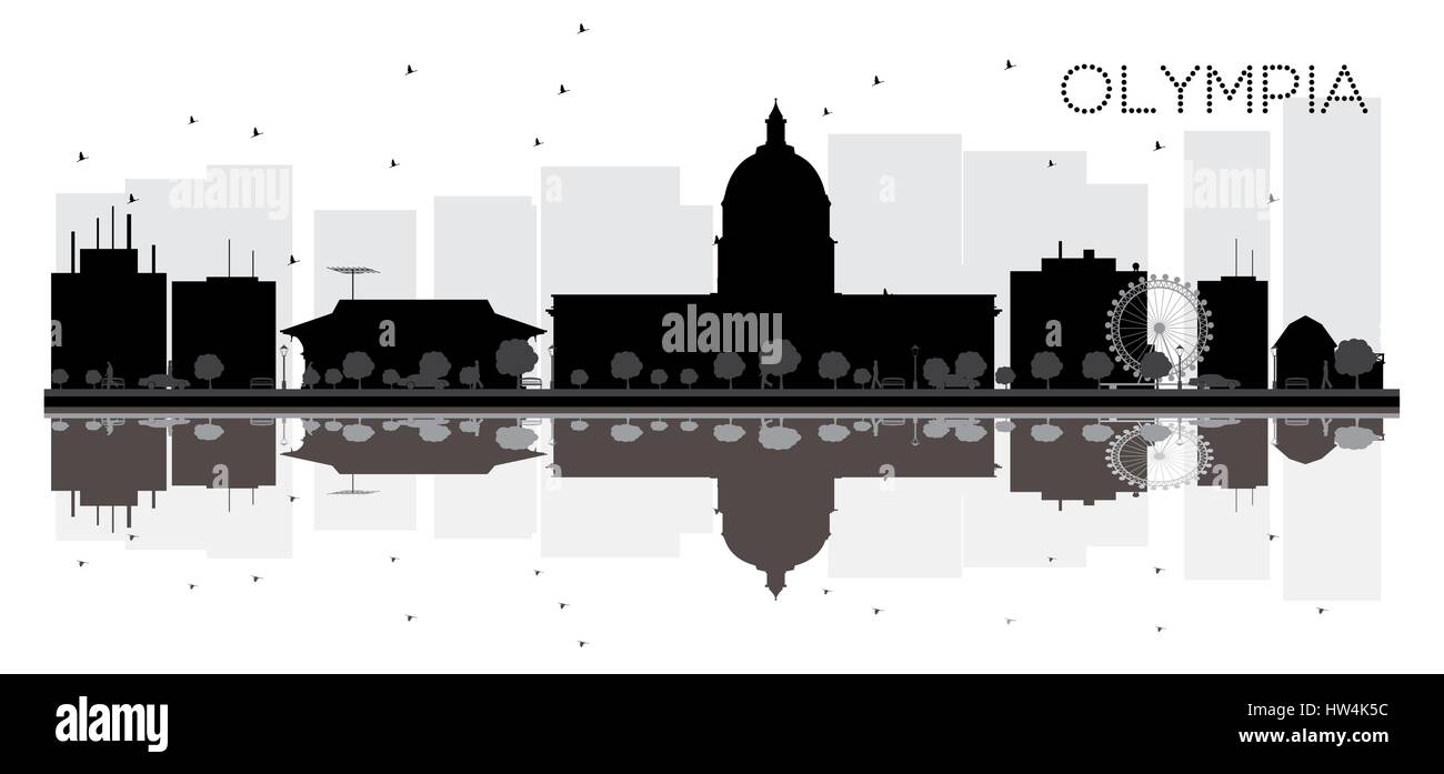 Olympia-Stadt Skyline schwarz-weiß Silhouette mit Reflexionen. Vektor-Illustration. Einfache flache Konzept für Tourismus Präsentation, Banner, Plakat Stock Vektor