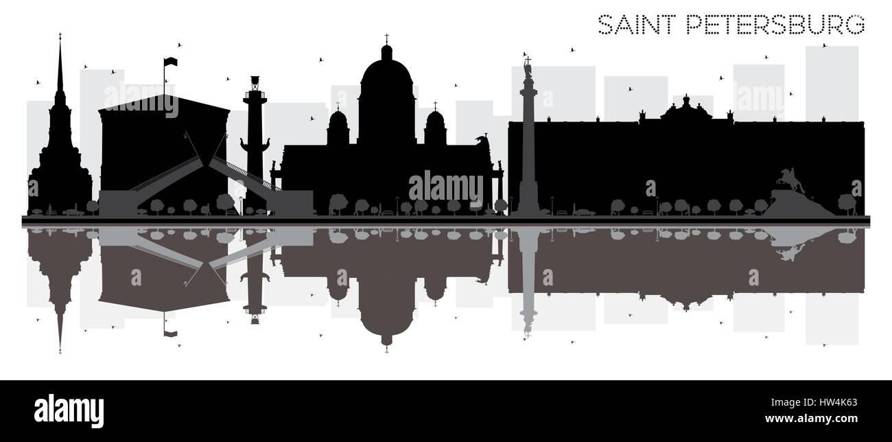 Saint Petersburg Stadt Skyline schwarz-weiß Silhouette mit Reflexionen. Vektor-Illustration. Einfache flache Konzept für Tourismus Präsentation, banner Stock Vektor