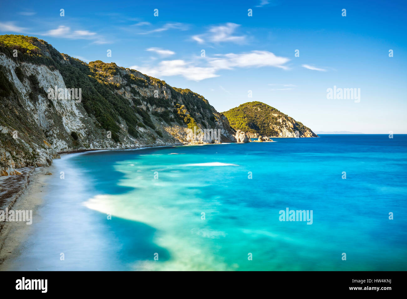 Insel Elba, Portoferraio Sansone weißen Strandküste. Toskana, Italien, Europa. Langzeitbelichtung. Stockfoto
