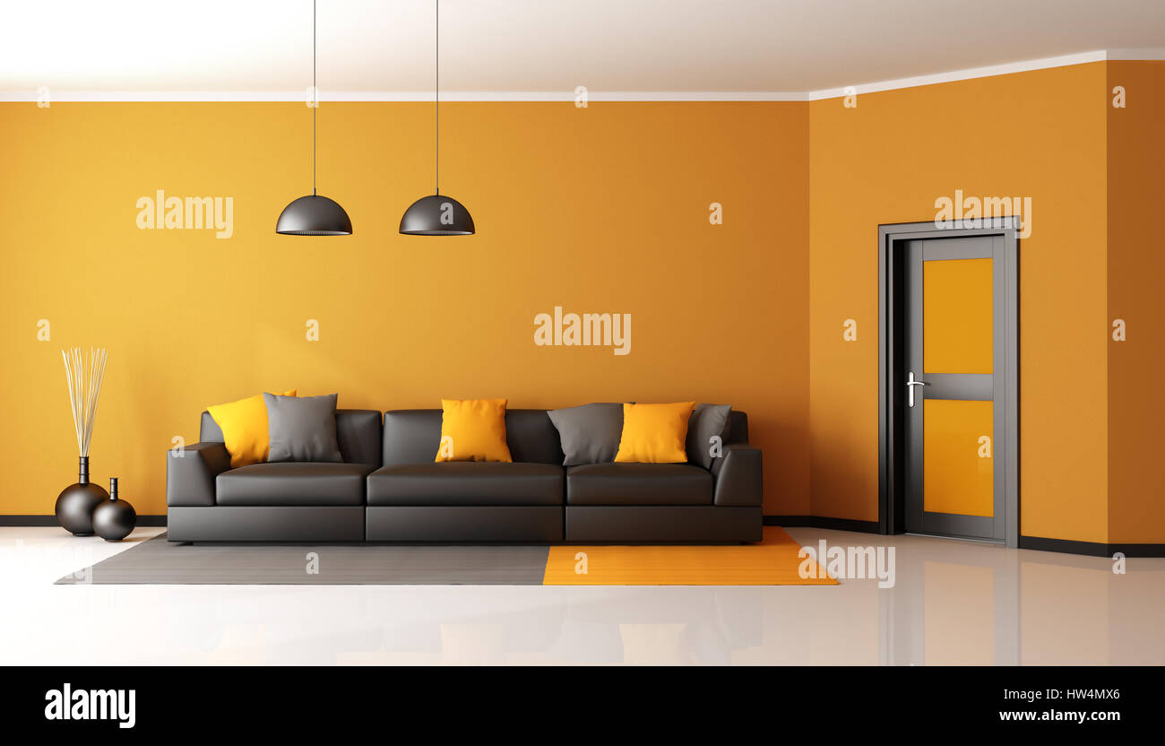 Schwarz und orange Wohnzimmer mit Sofa und geschlossener Tür - 3d rendering Stockfoto