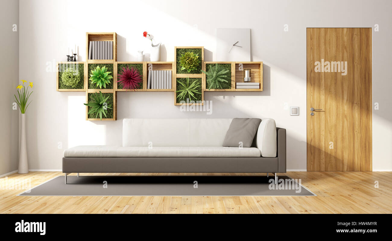 Modernes Wohnzimmer mit vertikalen Garten, Sofa und Holztür - 3d rendering Stockfoto