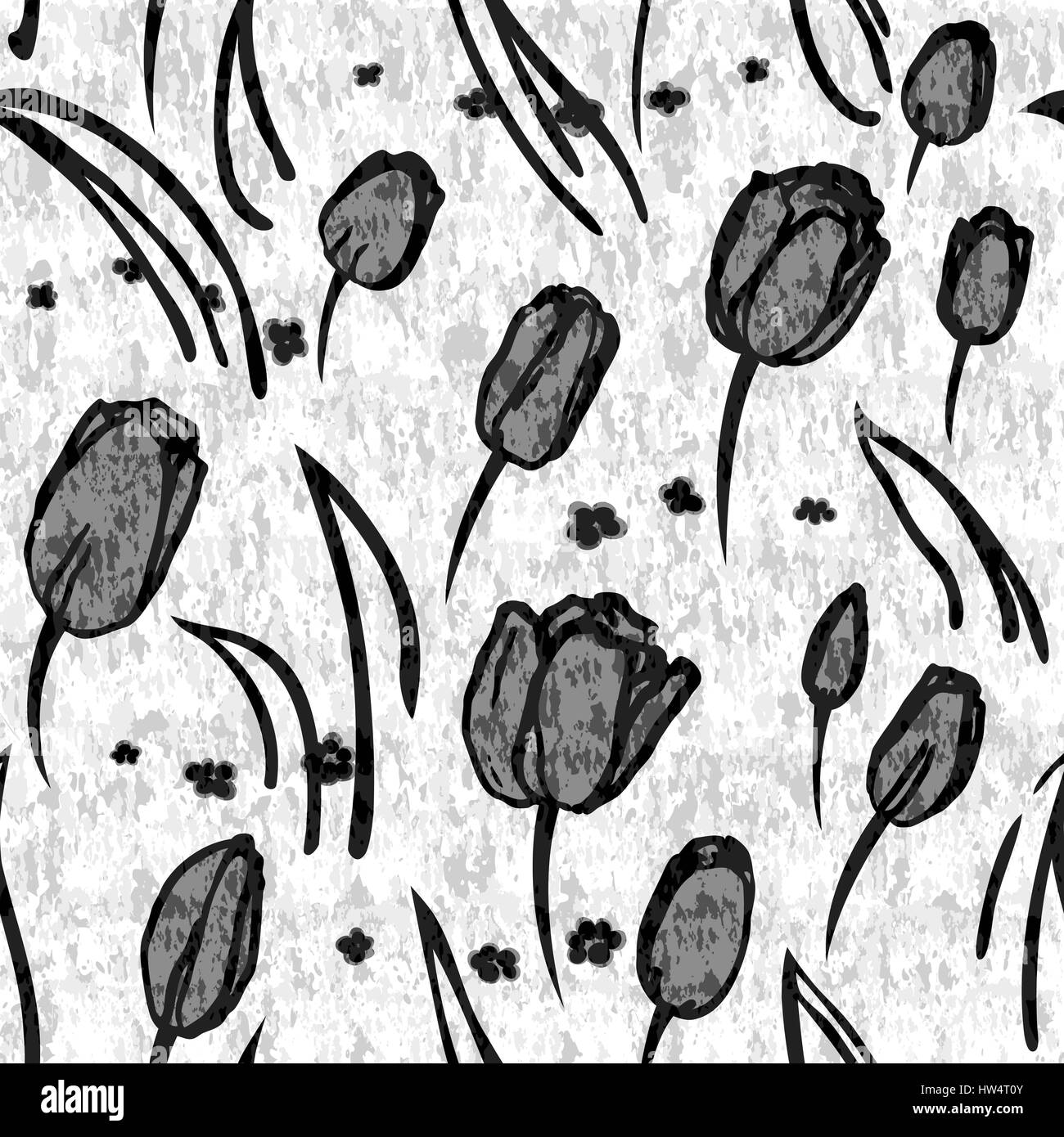 Nahtlose Blumenmuster Hintergrund. Ornament mit stilisierten Tulpen Blätter und Blüten, Grunge Texturen. Monochrom schwarz / weiß Stockfoto