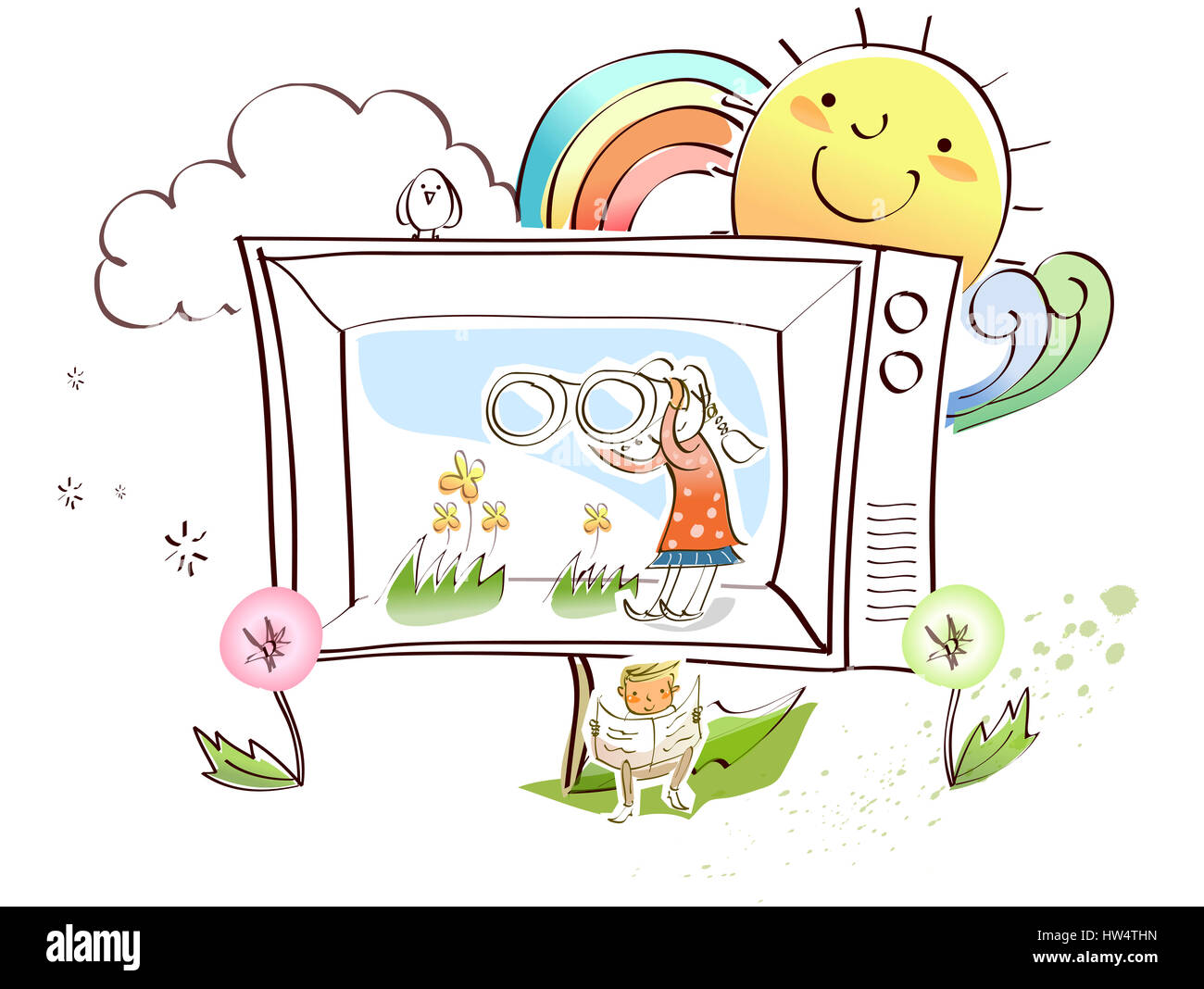 Ferngläser, Kindheit, Clipart, Cloud, Farbe, Farbe, Farbe, Bild, Computer Graphics, Konzentration, Tag, digital erzeugten Bild, Animation, Blume, Vorderansicht, volle Länge, Mädchen, Mädchen, Kind, Kind, weiblich, Grafiken, Holding, horizontal, Illustration, Lebensstil, Männer, Zeitung, Draußen, Pflanze, Regenbogen, Lesen, Sitzen, Himmel, Sonne, Technik, Fernsehen, Medien, zwei Menschen, Genuss, Hobbies, Freizeitbeschäftigung, Vektor Stockfoto