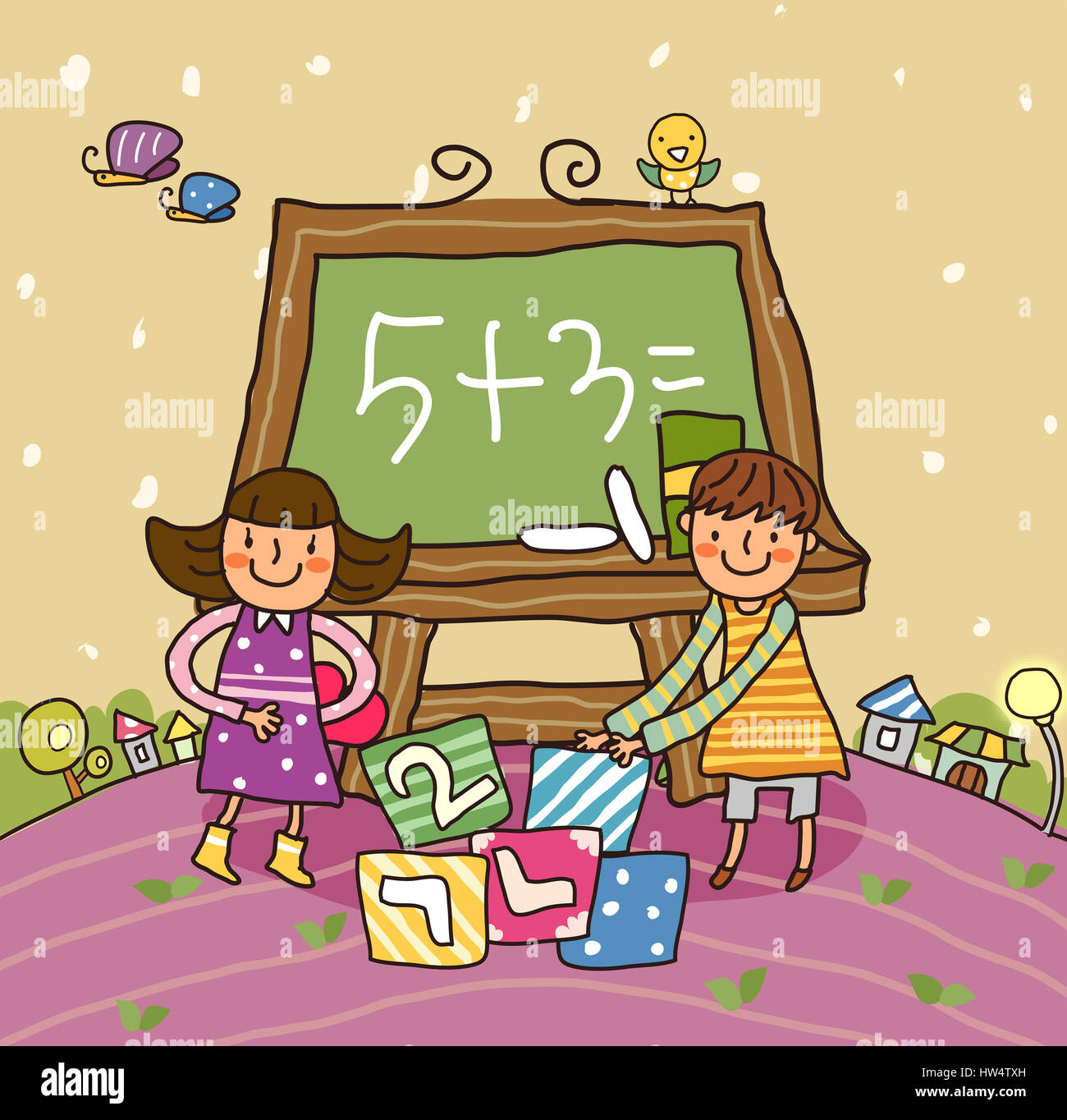 Vogel, Vogel, Tafel, Block, Schmetterling, lässige Kleidung, Clipart, Farbe, Farbe, Farbe, Bild, Computer Graphics, Tag, digital erzeugten Bild, Fliegen, Vorderansicht, volle Länge, Mädchen, Mädchen, Kind, Kind, weiblich, Grafiken, Hütte, Illustration, Lernen, Mathematik, Zahl, nur Mädchen, Kinder nur, Draußen, Pfad, plus Stockfoto