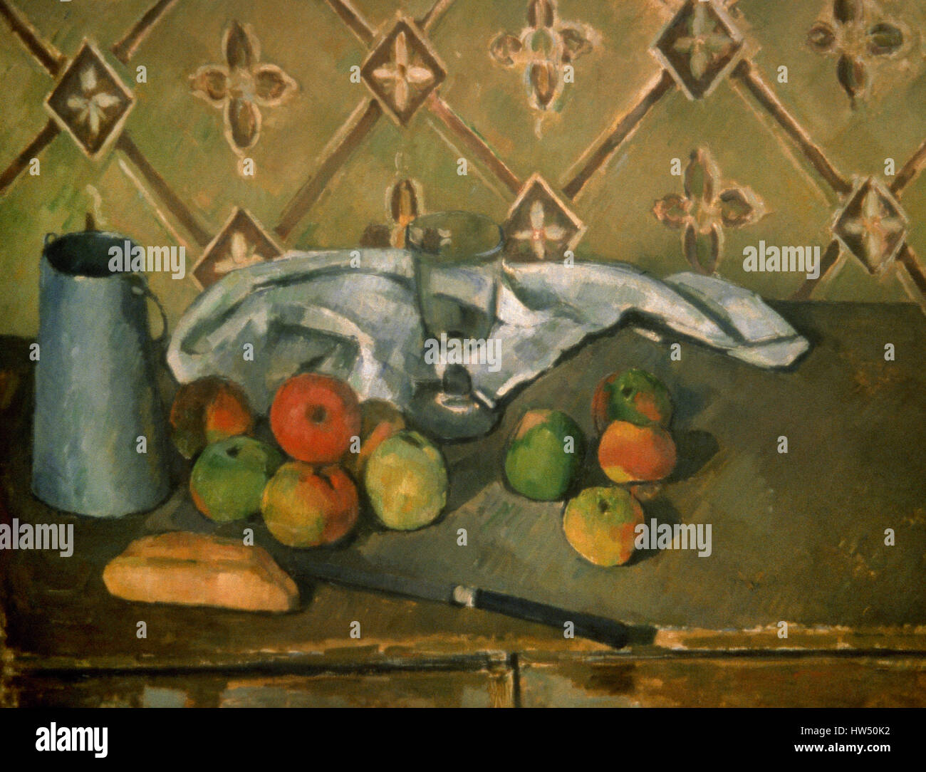 Paul Cézanne (1839-1906). Französischer Maler. Post-Impressionisten. Stillleben mit Früchten, Serviette und Krug Milch. Öl auf Leinwand, 1885-86. Orangerie-Museum. Paris. Frankreich. Stockfoto