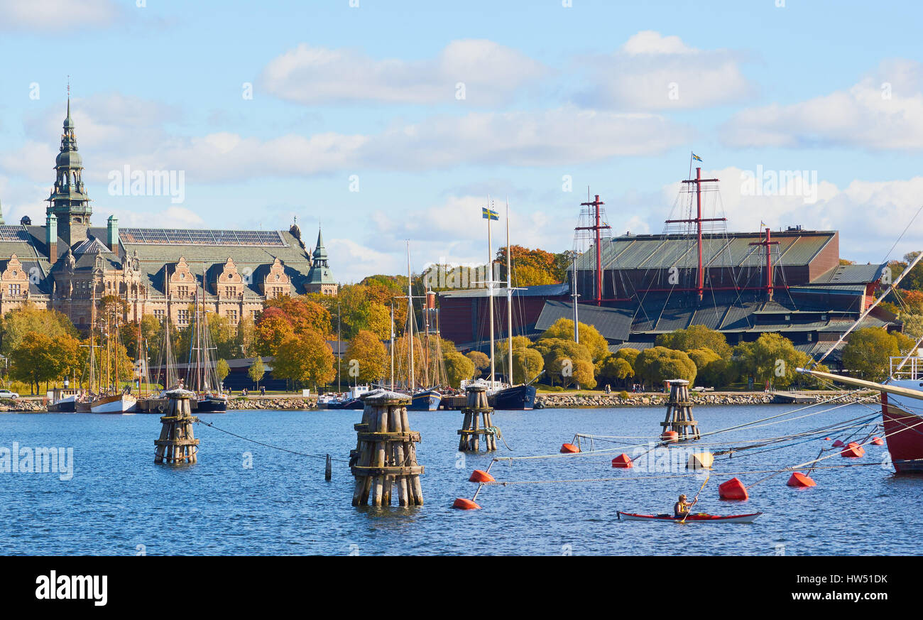 Nordiska Museet kulturhistorische Museum und Vasa Museum (Vasamuseet) dem restaurierte Kriegsschiff Vasa aus dem 17. Jahrhundert, Djurgården, Stockholm, Schweden. Stockfoto