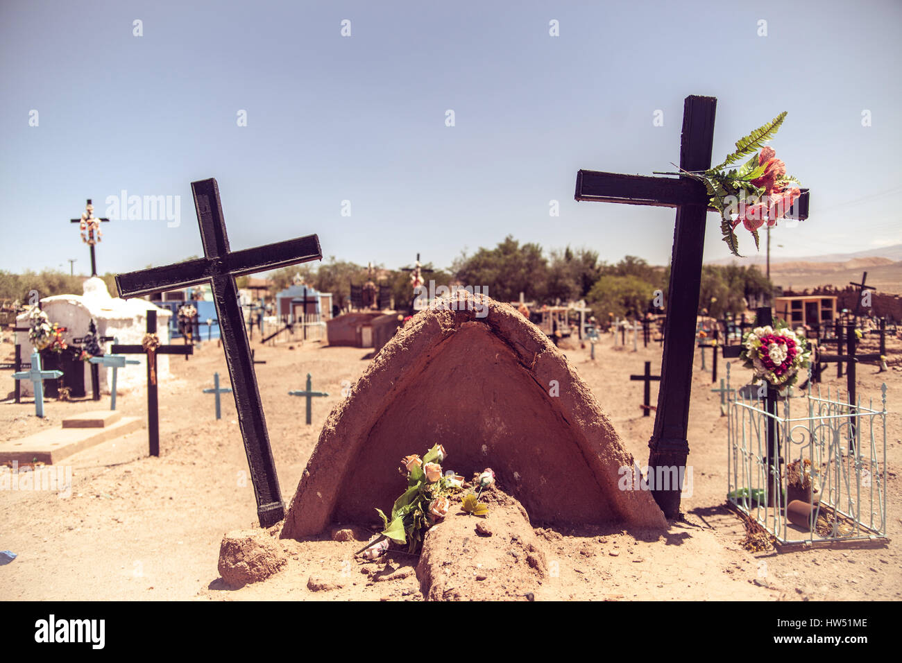 Ein Friedhof in San Petro de Atacama. San Petro de Atacama ist eine Stadt und Gemeinde in El Loa Provinz in Chile. Es befindet sich im Osten von Antofagasta eine Stockfoto