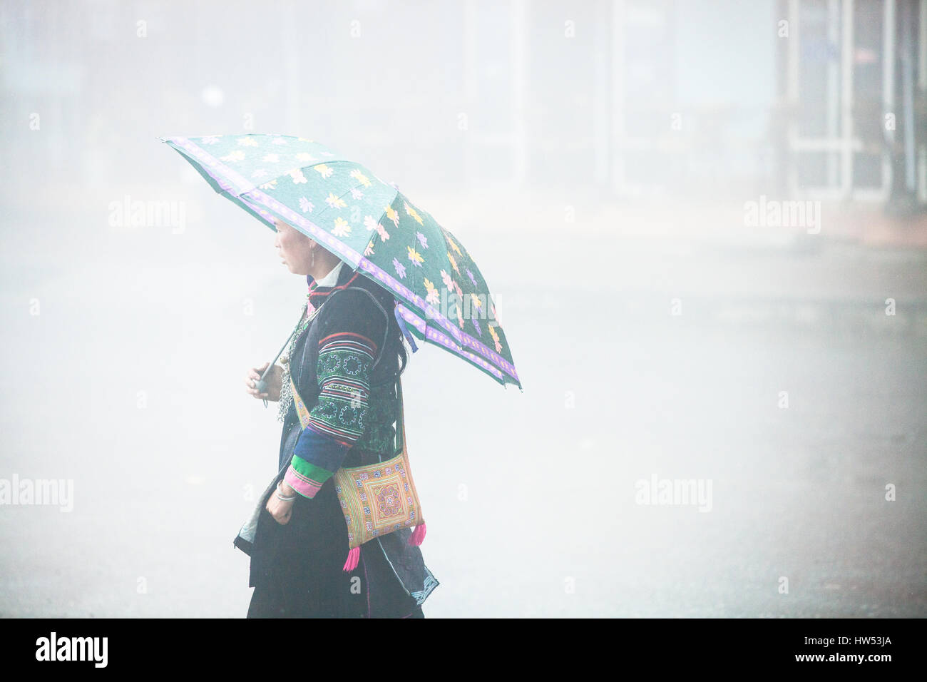 Sapa, Lao Cai, Vietnam - 6. Mai 2014: Tribal Hmong Frau in nationale Kleidung auf der Straße von Sapa, Nord-Vietnam. Stockfoto