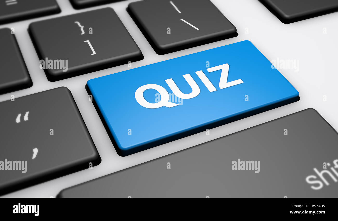 Quiz-Zeichen und Wort auf einem Computer blue Tastatur Taste 3d Illustration. Stockfoto