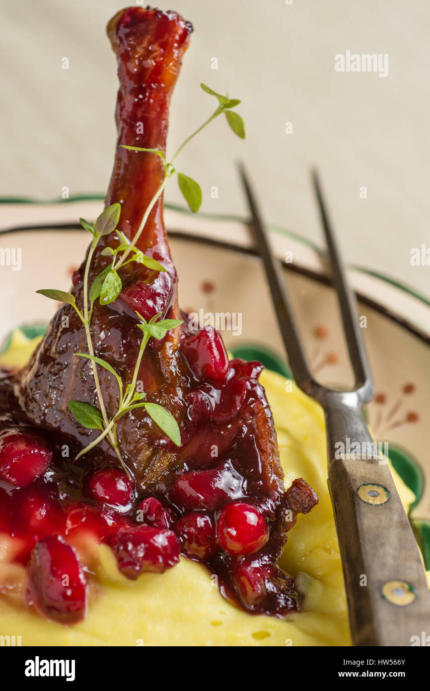 Gebratene Entenkeule mit gestampften Kartoffeln, Äpfel und rote Johannisbeeren in Rotweinsauce Stockfoto