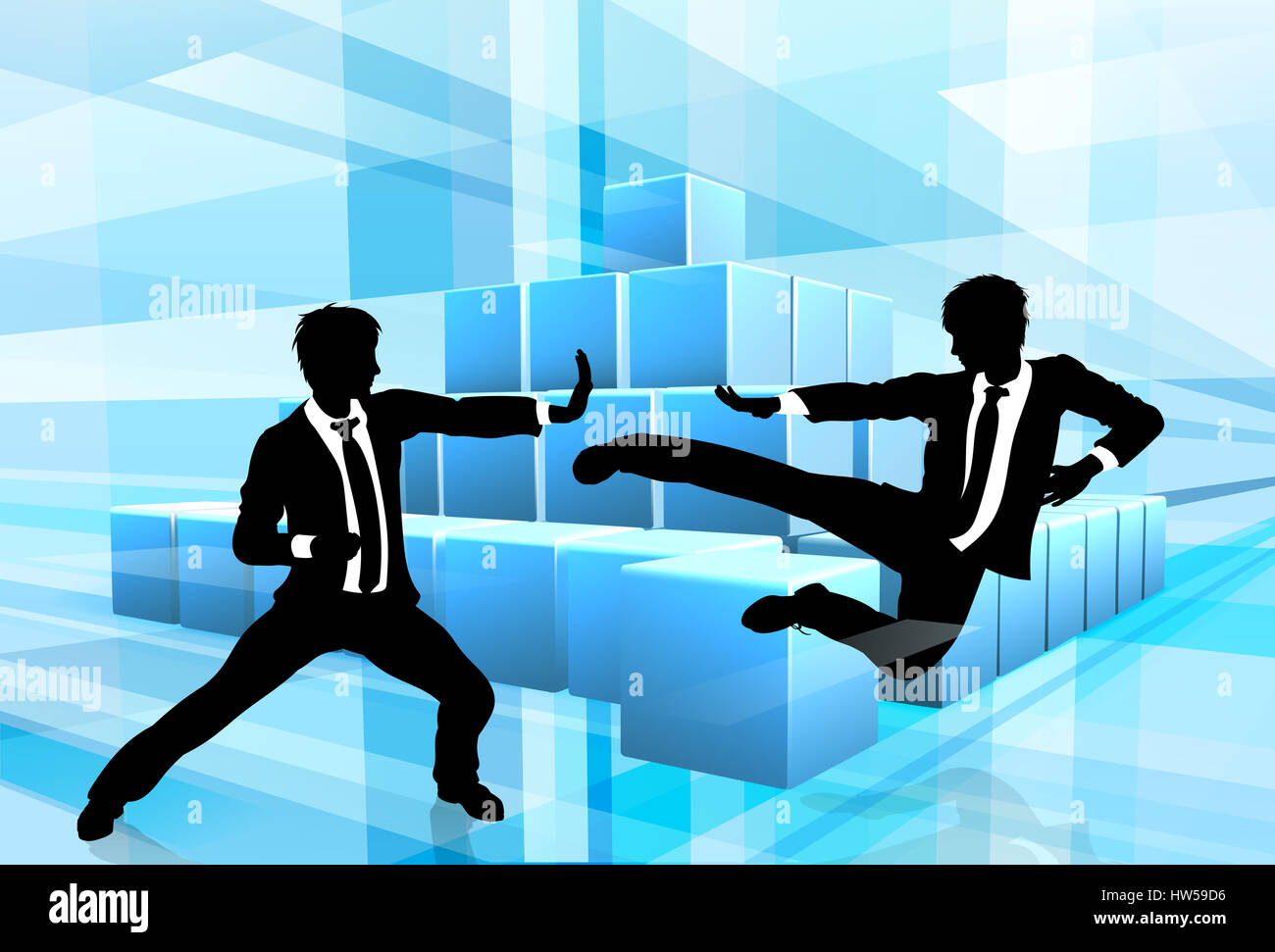 Geschäftsleute, die Kämpfe im Kampfsport oder Karate-Stil mit einer abstrakten blauen Hintergrund. Wettbewerb-Konzept Stockfoto