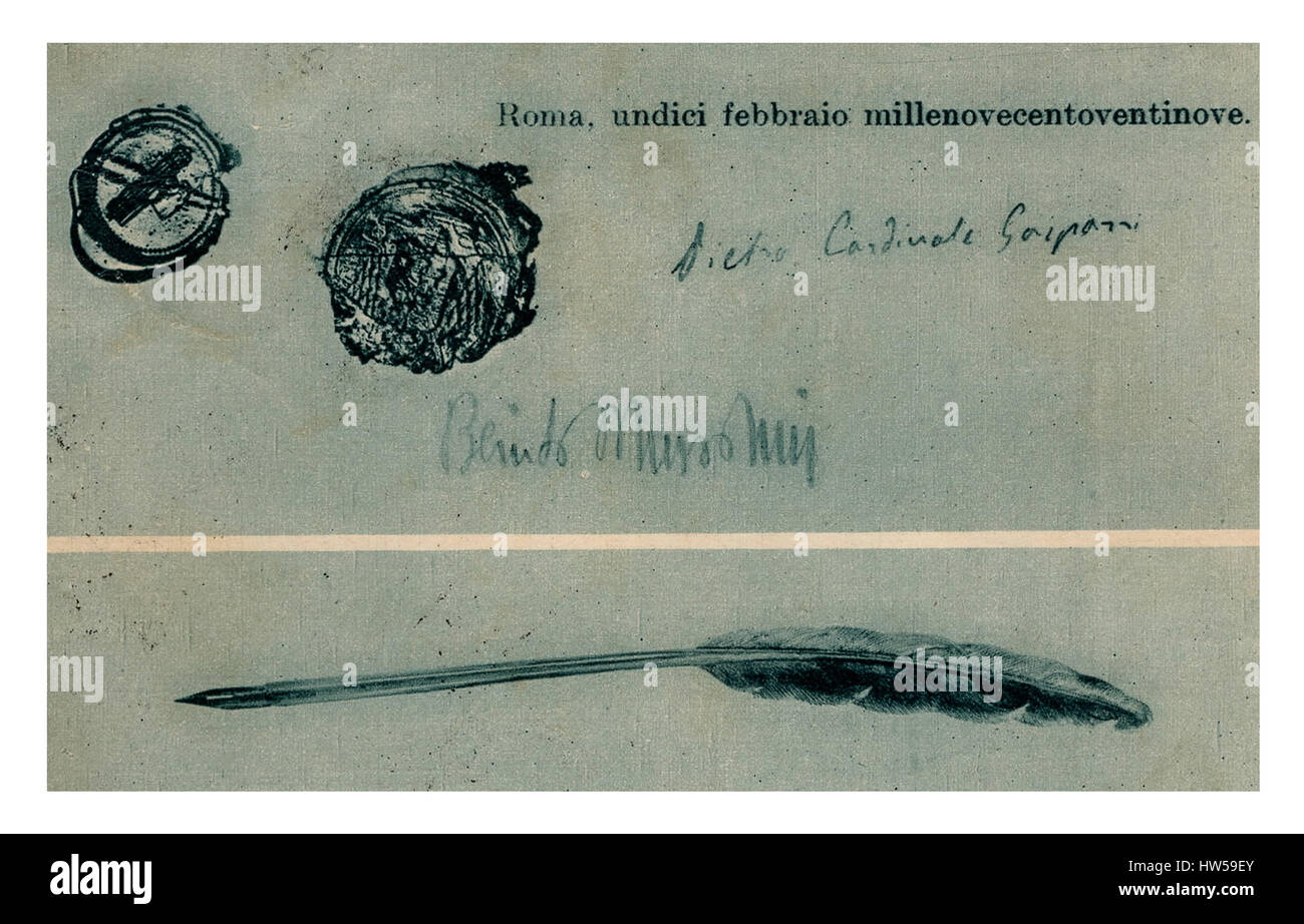 Unterschrift 02.11.1929 Patti Lateranensi unterzeichnet von Kardinal Pietro Gasparri und Benito Mussolini in Rom, Italien Stockfoto