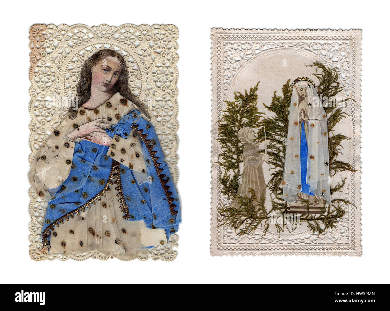 katholische Andacht Bilder, Heilige Karte aus Papier, die Darstellung der Jungfrau Maria und das Jesuskind. 19. Jahrhundert, 1850 Stockfoto