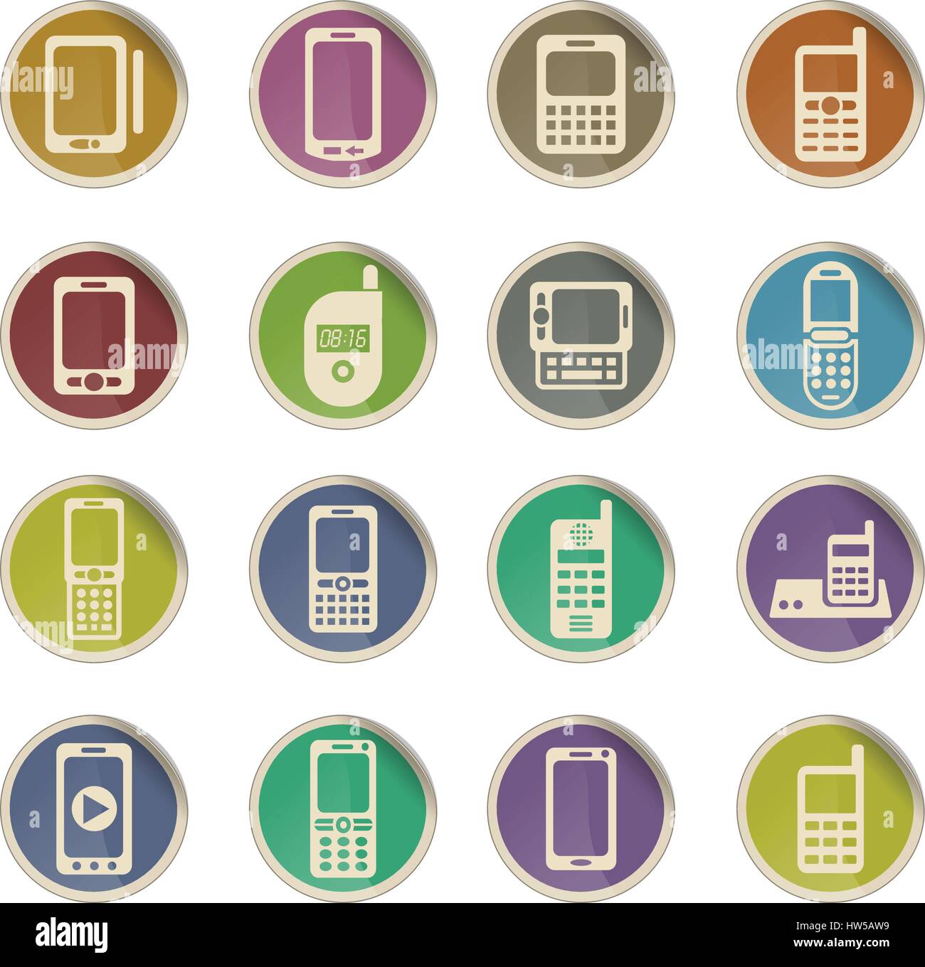 Handys web Icons auf Farbe Papier-Etiketten Stock Vektor