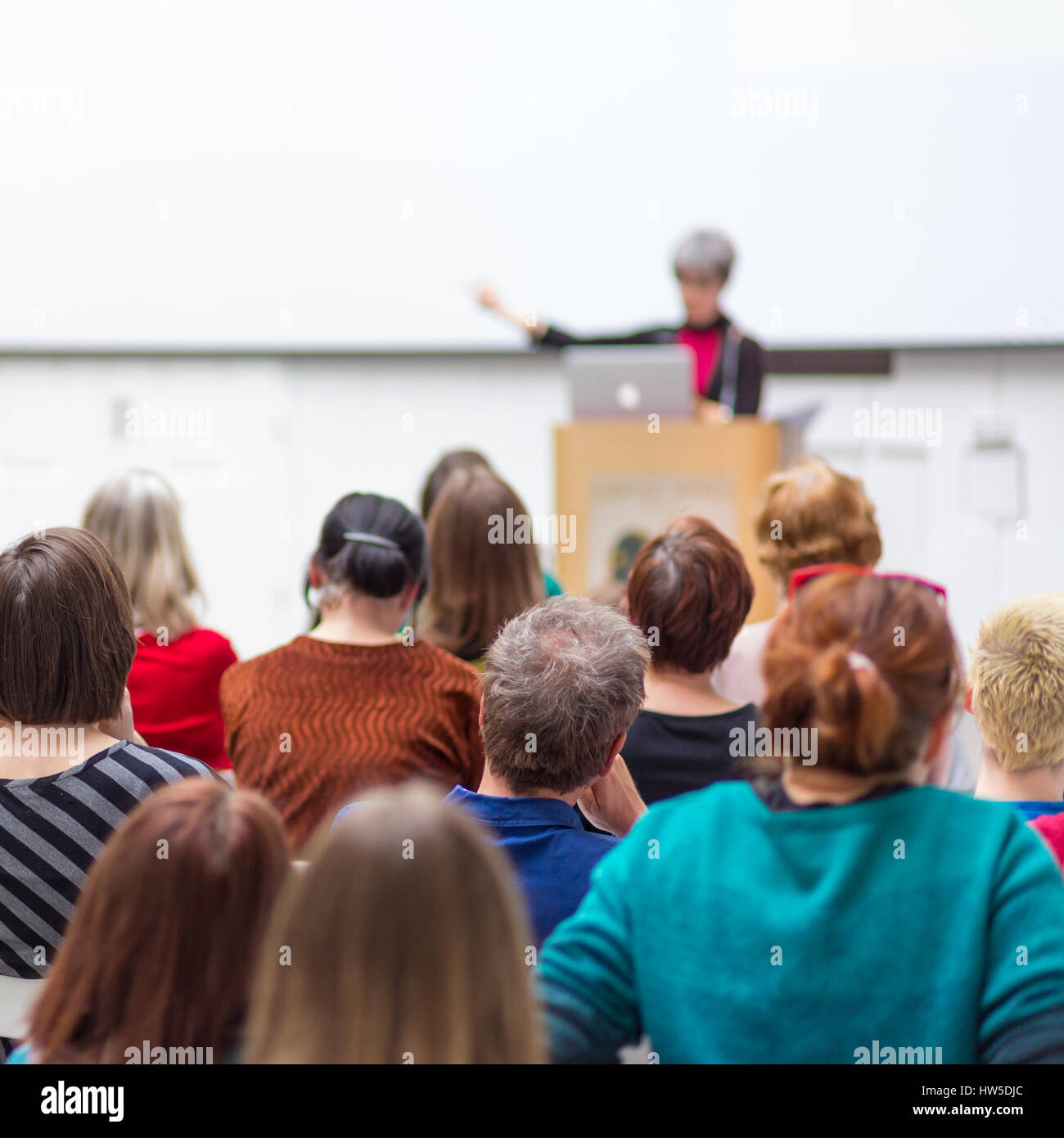 Frau hält Vortrag über Business-Konferenz. Stockfoto