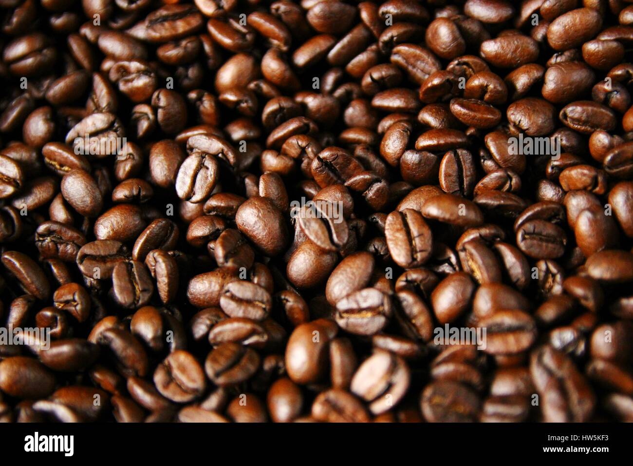 Nahaufnahme von gerösteten Kaffeebohnen nach dem Rösten in eine Art Kaffee Trommelröster 2/2 Stockfoto