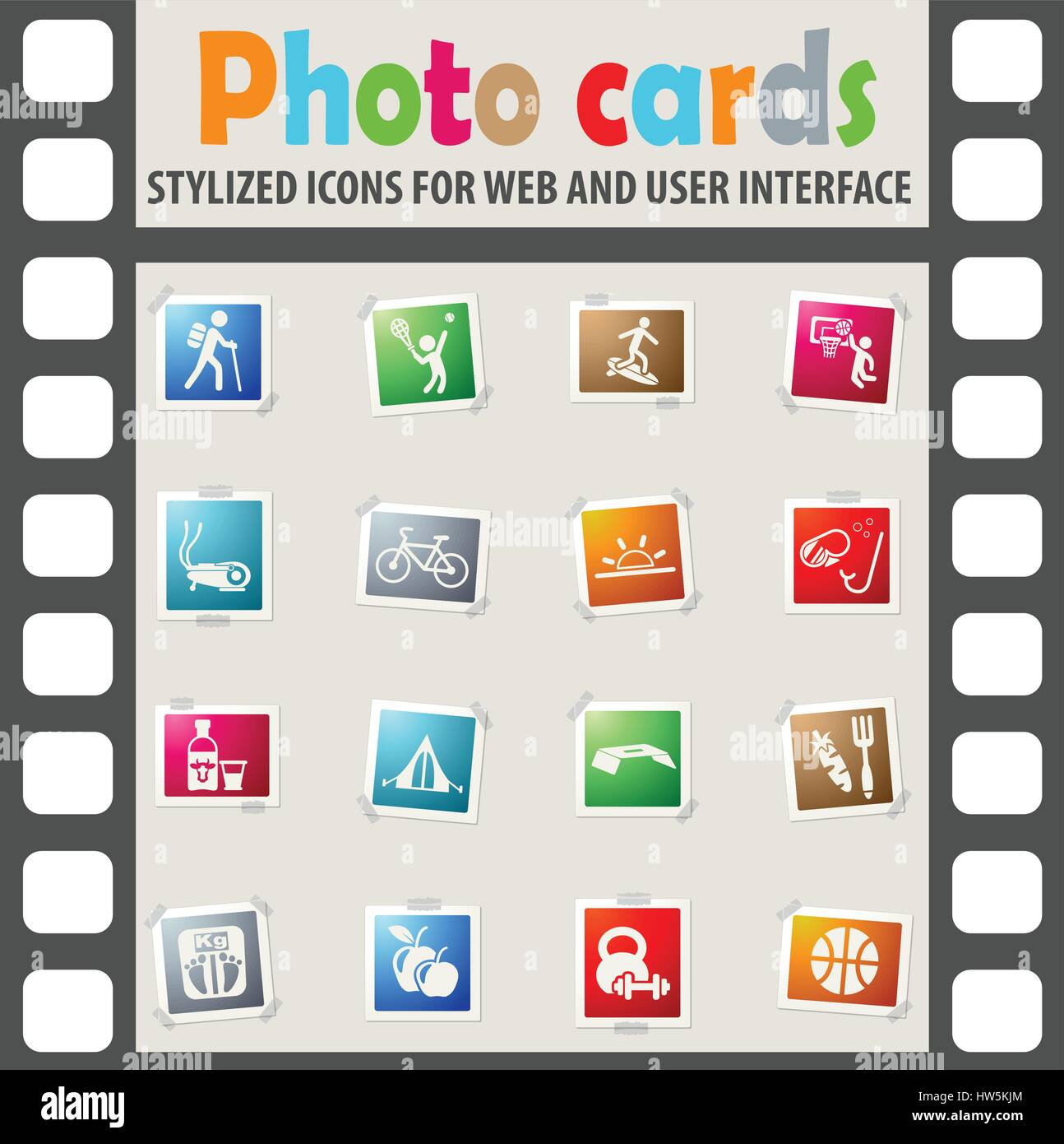 gesunde Lebensweise Web Icons auf Farbe Fotokarten für Benutzeroberfläche Stock Vektor