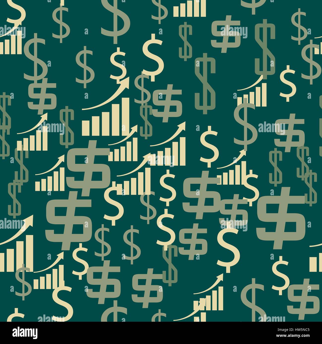 Geld Symbole mit wachsenden Einkommen Trend Finanzerfolg nahtlose Muster. Vektor-Illustration. Stock Vektor