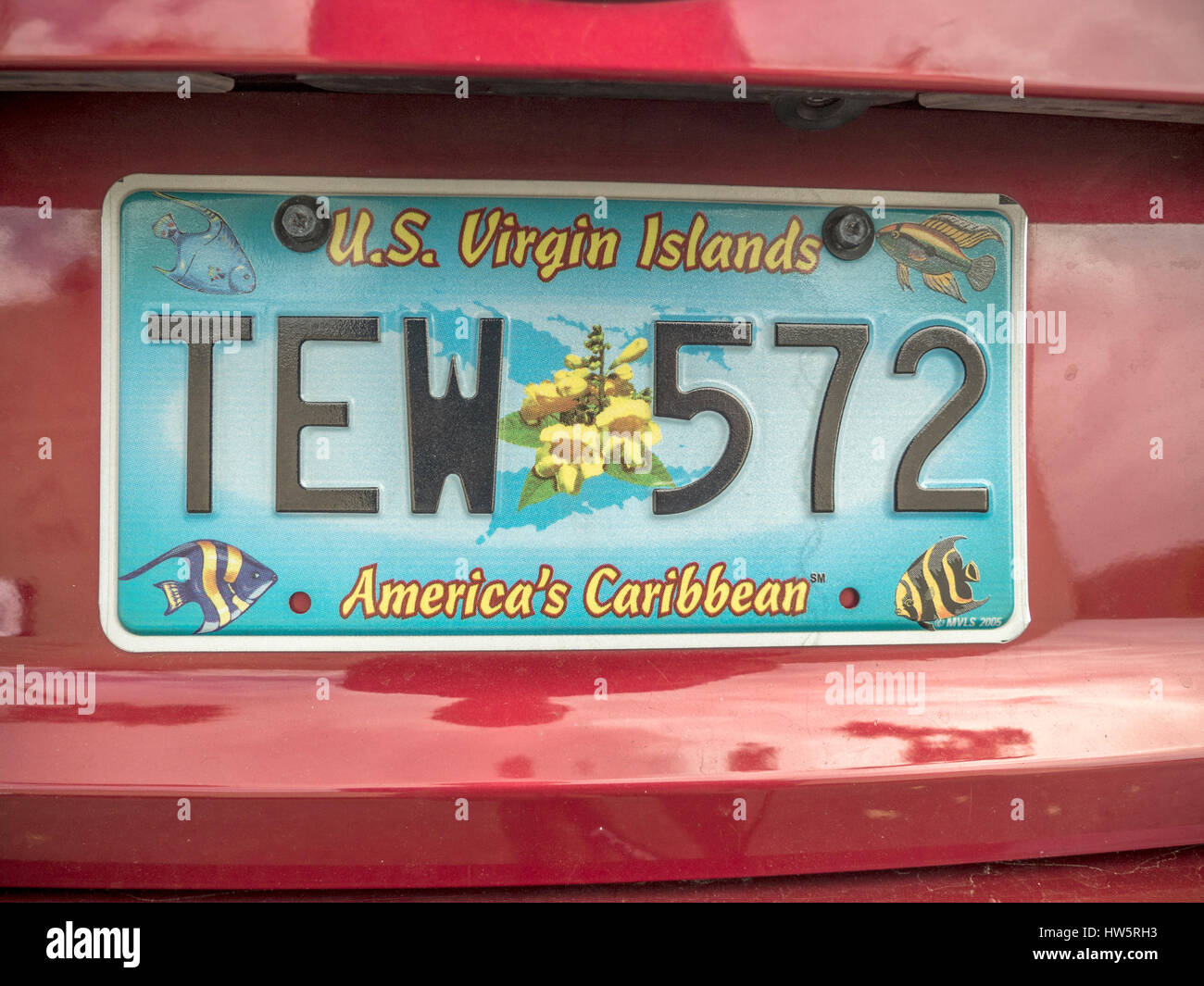 US Virgin Islands Auto Fahrzeug Registrierung Lizenz Platten-Tag auf der Rückseite des Autos Stockfoto