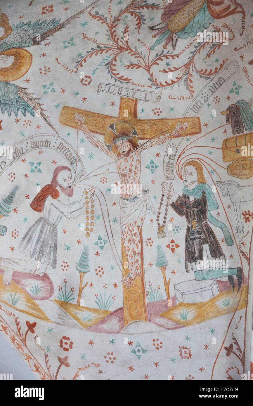 Dänemark, Mo, Elmelunde, Elmelunde Kirke-Kirche, 11. Jahrhundert, innen Fresken und Jesus Christus Stockfoto