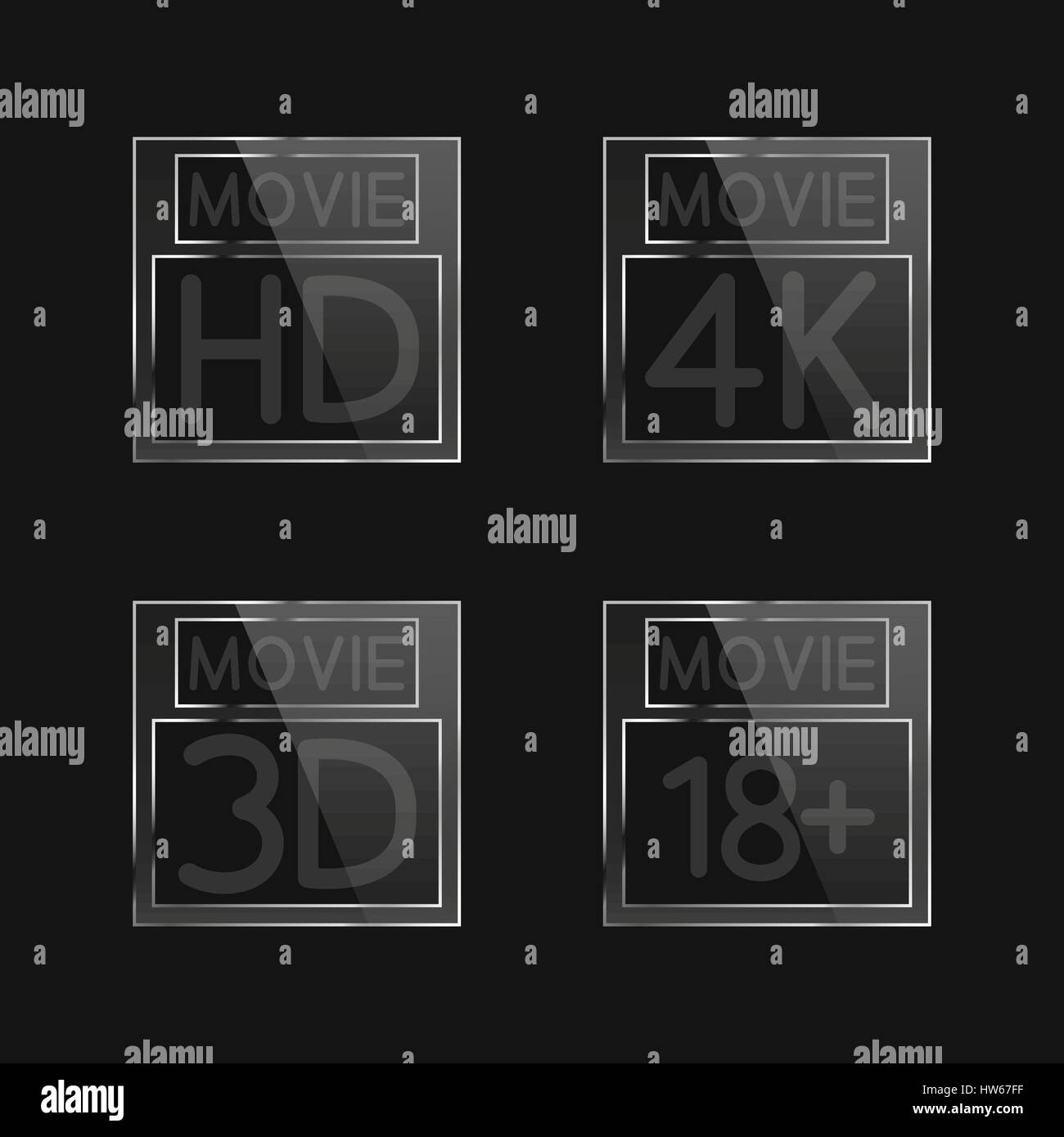 High-Definition-Video Zeichen auf schwarzem Hintergrund, zweites Set Vektor-Illustration. Stock Vektor