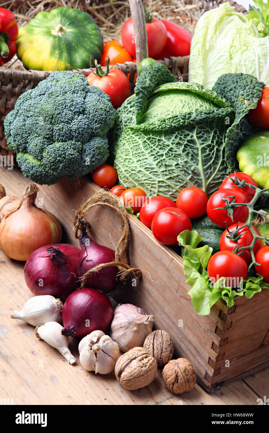 Hofeigene Gemüse - Wirsing, Tomaten, Zwiebeln - aus einem Garten Stockfoto