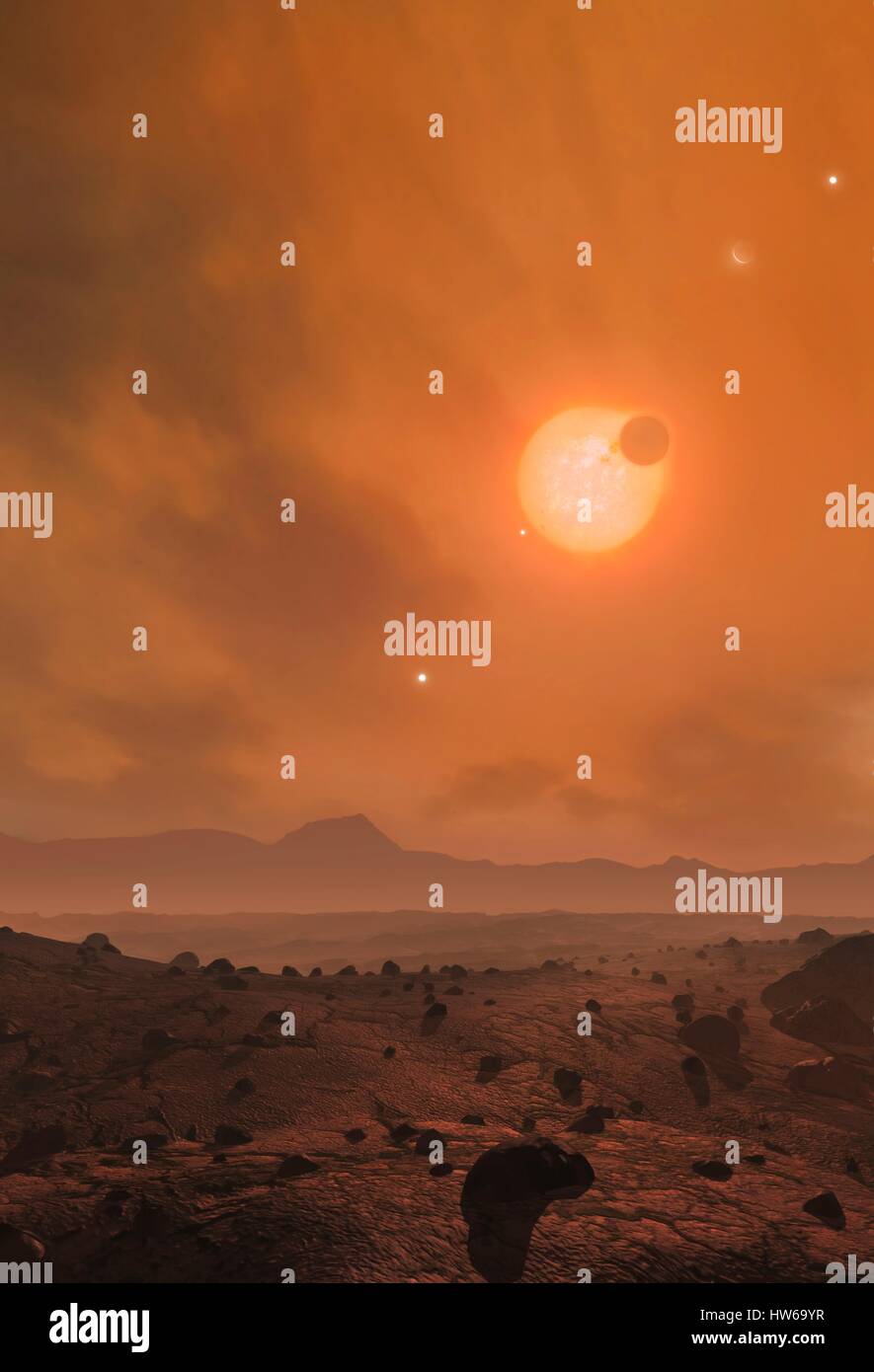 Trappisten-1 ist rot-Zwerg Sterne ΓÇô häufigste Sorte ΓÇô etwa 40 Lichtjahre entfernten Aquarius.In 2015, Astronomen entdeckt, dass Trappisten-1 war Gastgeber für drei erdähnlichen Planeten. Dann kam es im Rampenlicht wieder als NASA-Wissenschaftler eine weitere vier Planeten, gefunden unter insgesamt bis 2017 Stockfoto