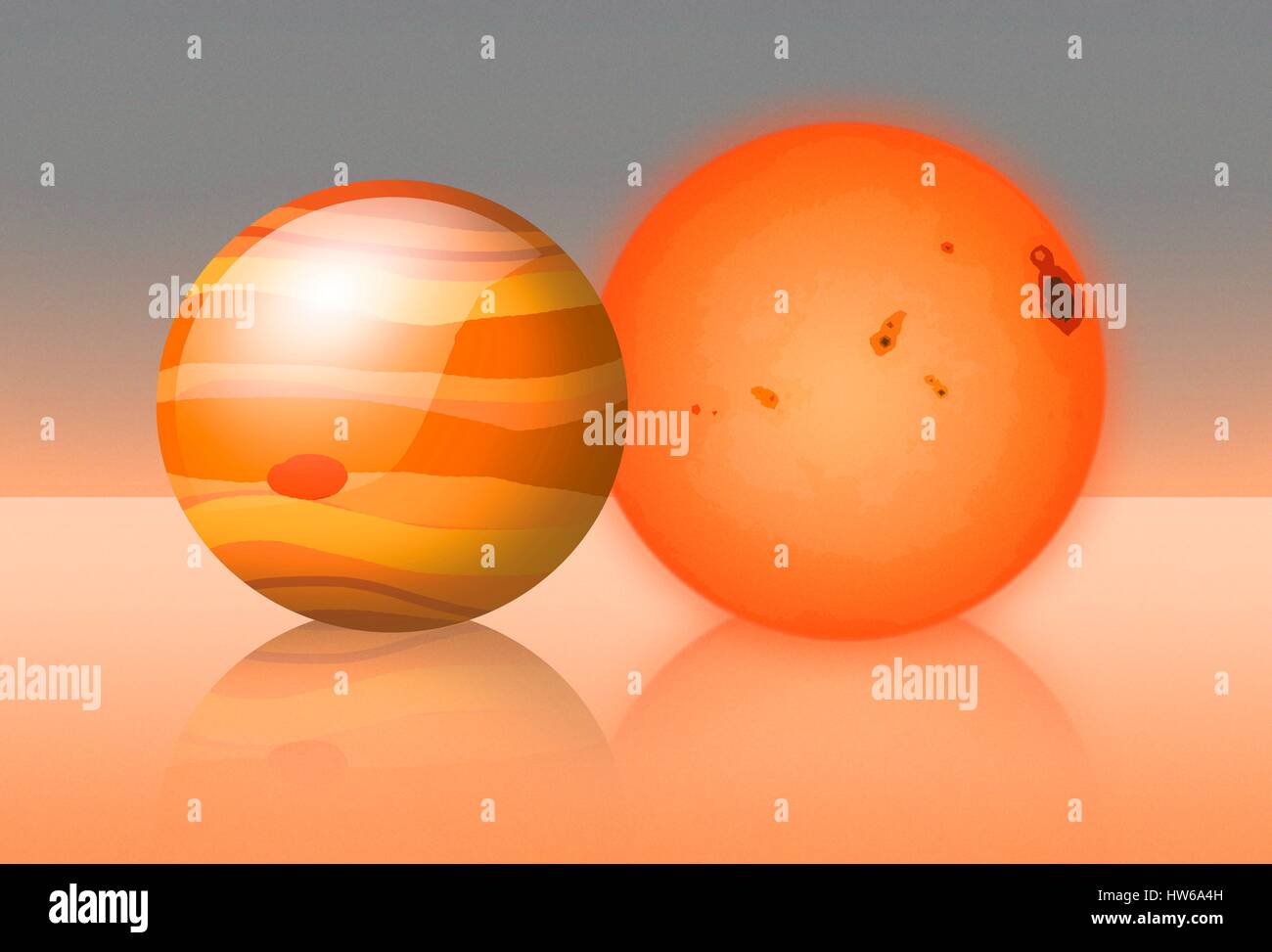 Trappisten-1 ist ein roter Zwerg Stern ΓÇô die häufigste Sorte ΓÇô etwa 40 Lichtjahre entfernt im Wassermann liegt. Im Jahr 2015 entdeckten Astronomen Trappisten-1 war Gastgeber für drei erdähnlichen Planeten. Dann kam es wieder im Jahr 2017 als NASA-Wissenschaftler eine weitere vier Planeten, gefunden unter der insgesamt bis zu sieben im Rampenlicht. Trappisten-1 ist nur geringfügig größer als Jupiter im Durchmesser; Dieses Bild zeigt ihnen in der gleichen Größenordnung. Dies ist den meisten terrestrischen Planeten, die jemals gefunden wurden, um einen einzelnen Stern, einschließlich unseres eigenen Sonnensystems umkreisen. Stockfoto
