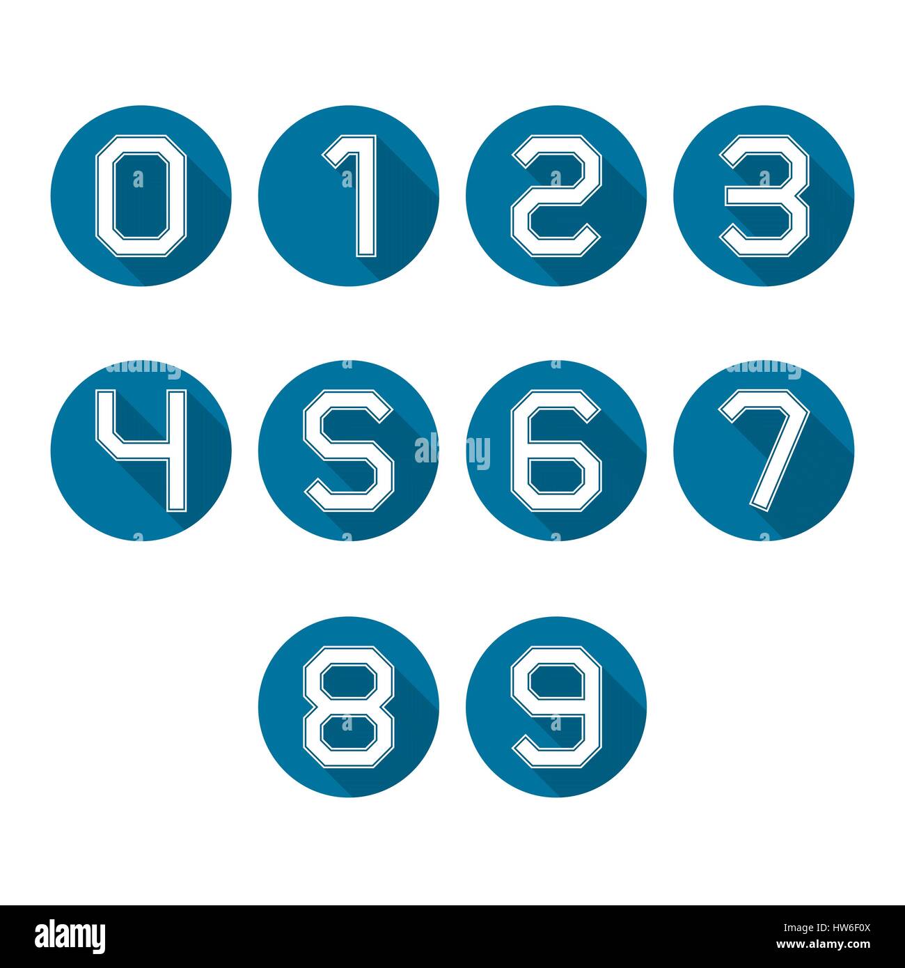 Set Runde Symbole Zahlen von Null bis neun mit einem lange Diagonale Schatten, Vektor-Illustrationen. Stock Vektor