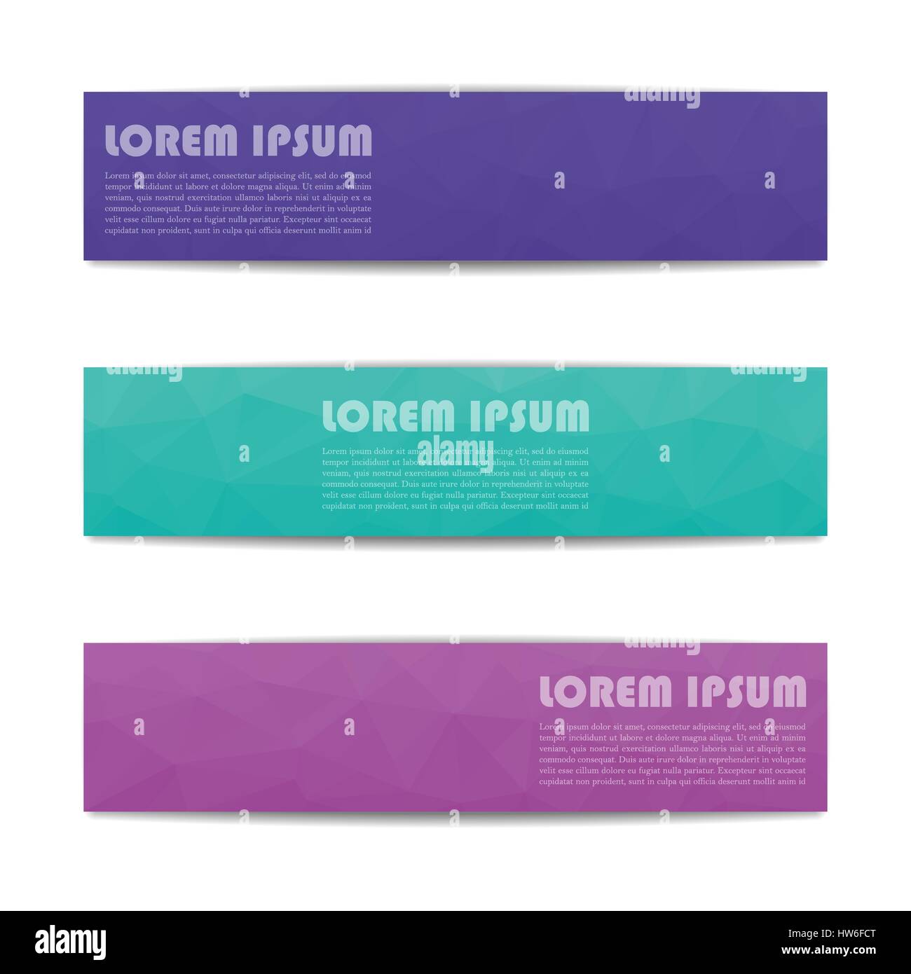 Satz von drei rechteckigen Web-Banner mit Platz für Text, bunte polygonale Muster aus Dreiecken, Banner-Design-Vorlage, Vektor-Illustration. Stock Vektor