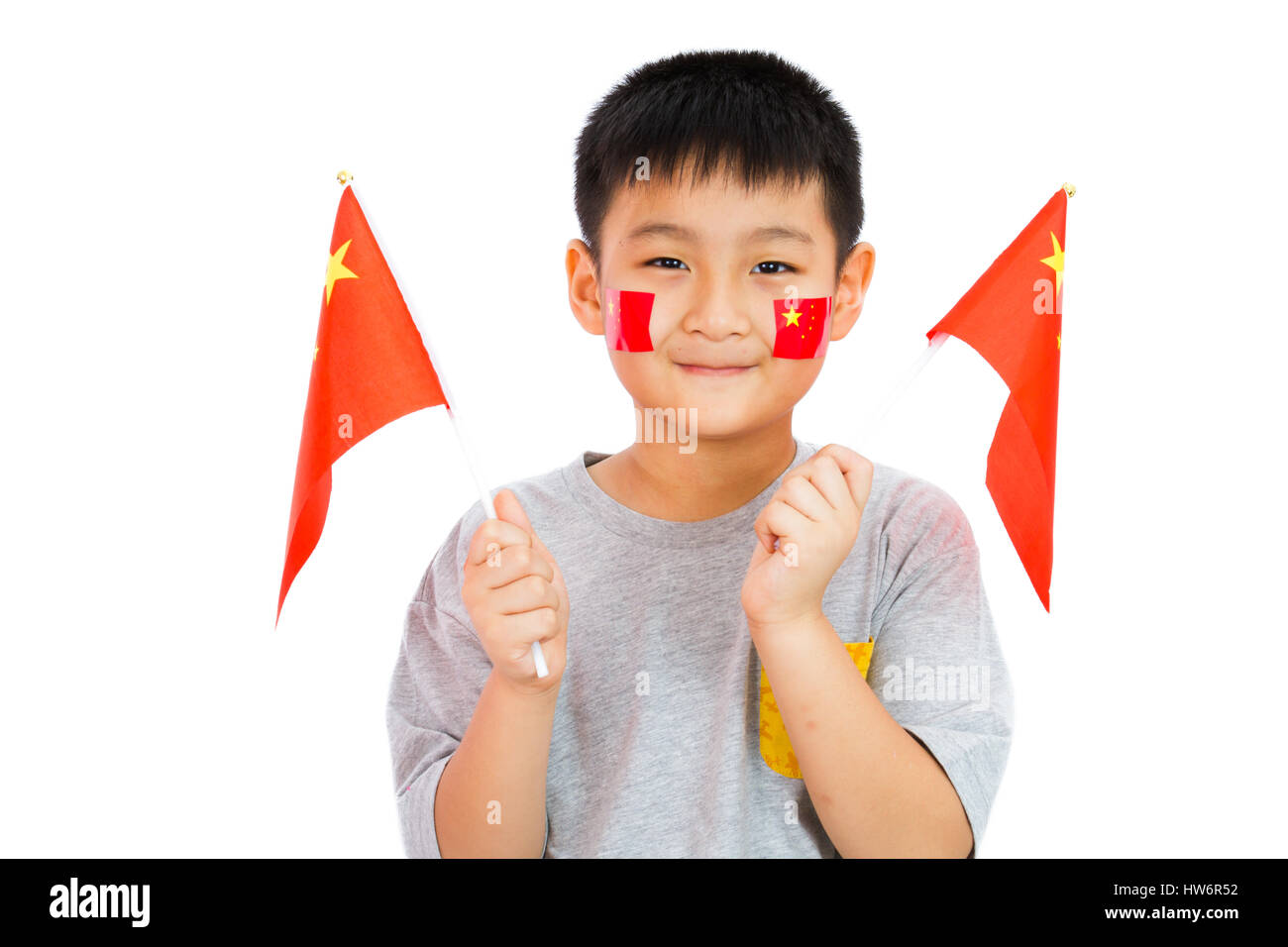 Asiatische chinesisches Kind mit China Flagge in isolierten weißen Hintergrund. Stockfoto