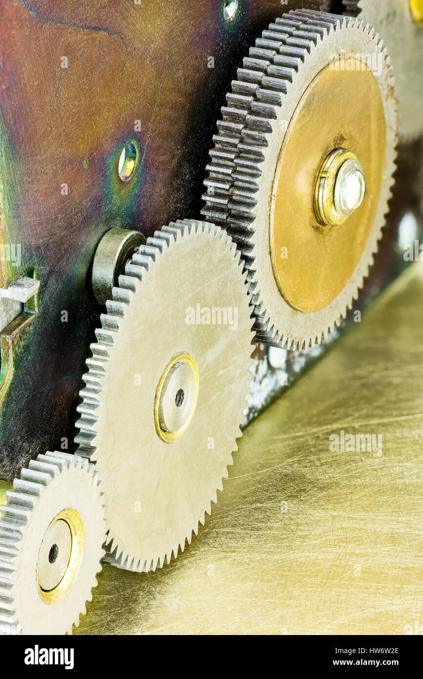 Zahnräder-Mechanismus. Getriebe Zahnräder Nahaufnahme Detail. Stockfoto