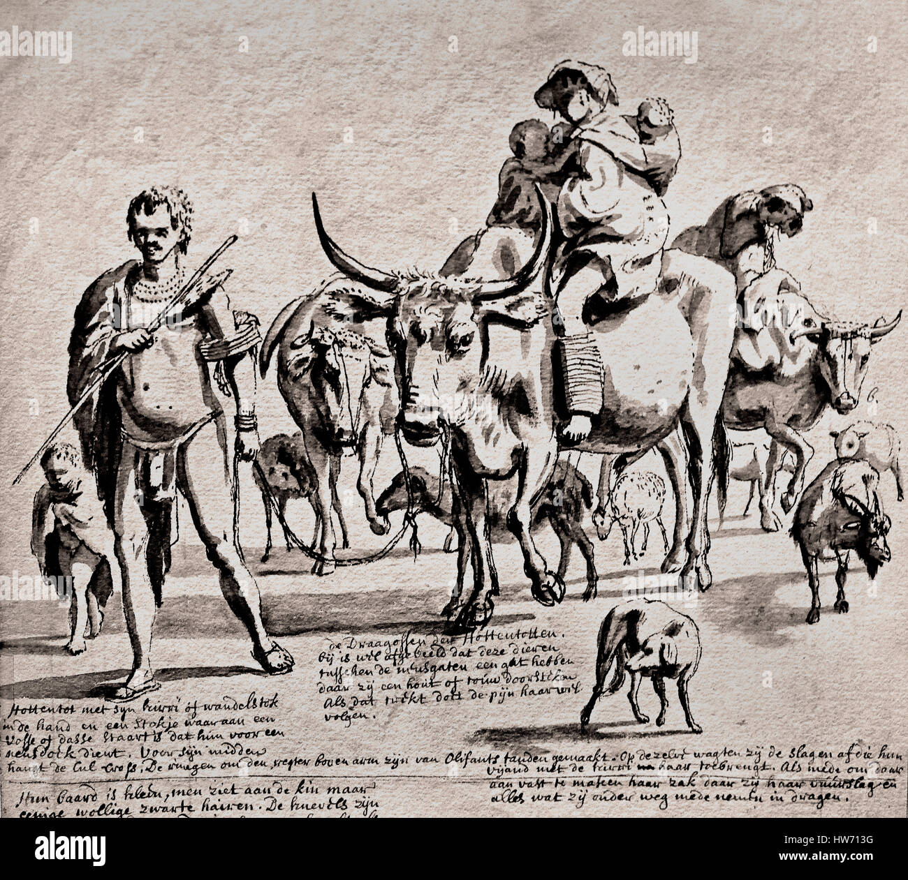 Khoekoe Menschen mit Tieren 1700. Südafrika - Transvaal - African Stockfoto