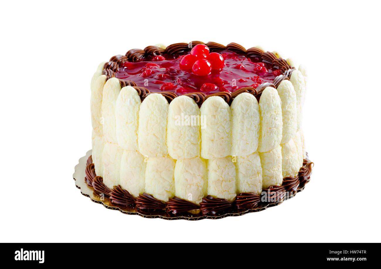 Black Forest Cherry Cake isoliert auf weißem Hintergrund. Stockfoto