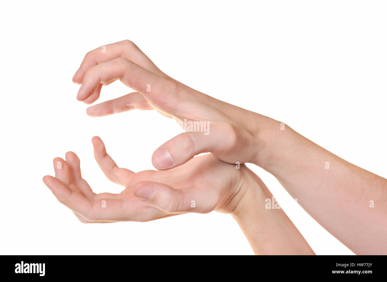 Gruselige Hände Geste isoliert auf weiss Stockfoto