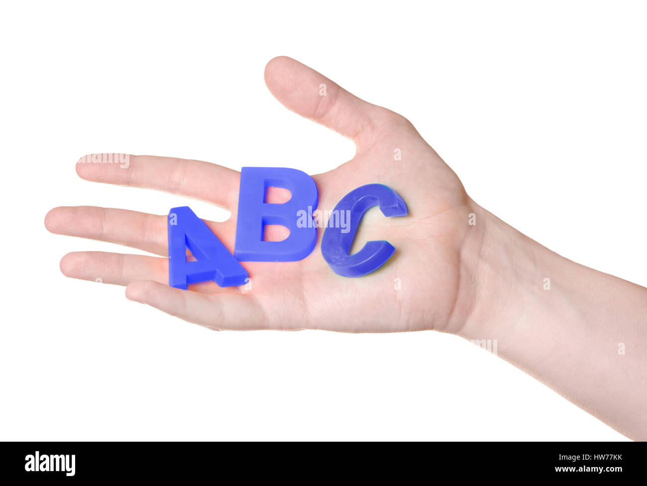 ABC Buchstaben in Hand isoliert auf weißem Hintergrund Stockfoto