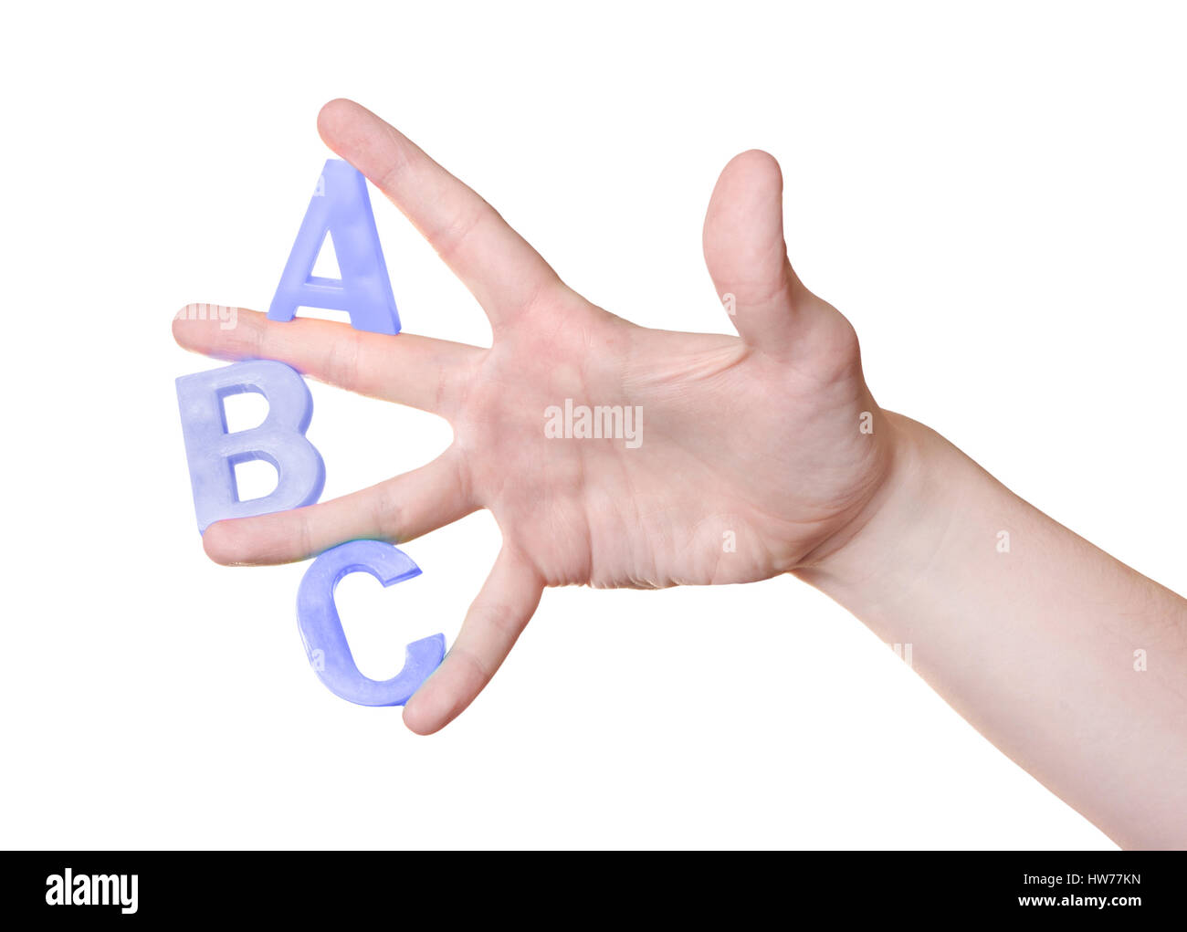 ABC Buchstaben in Hand isoliert auf weißem Hintergrund Stockfoto