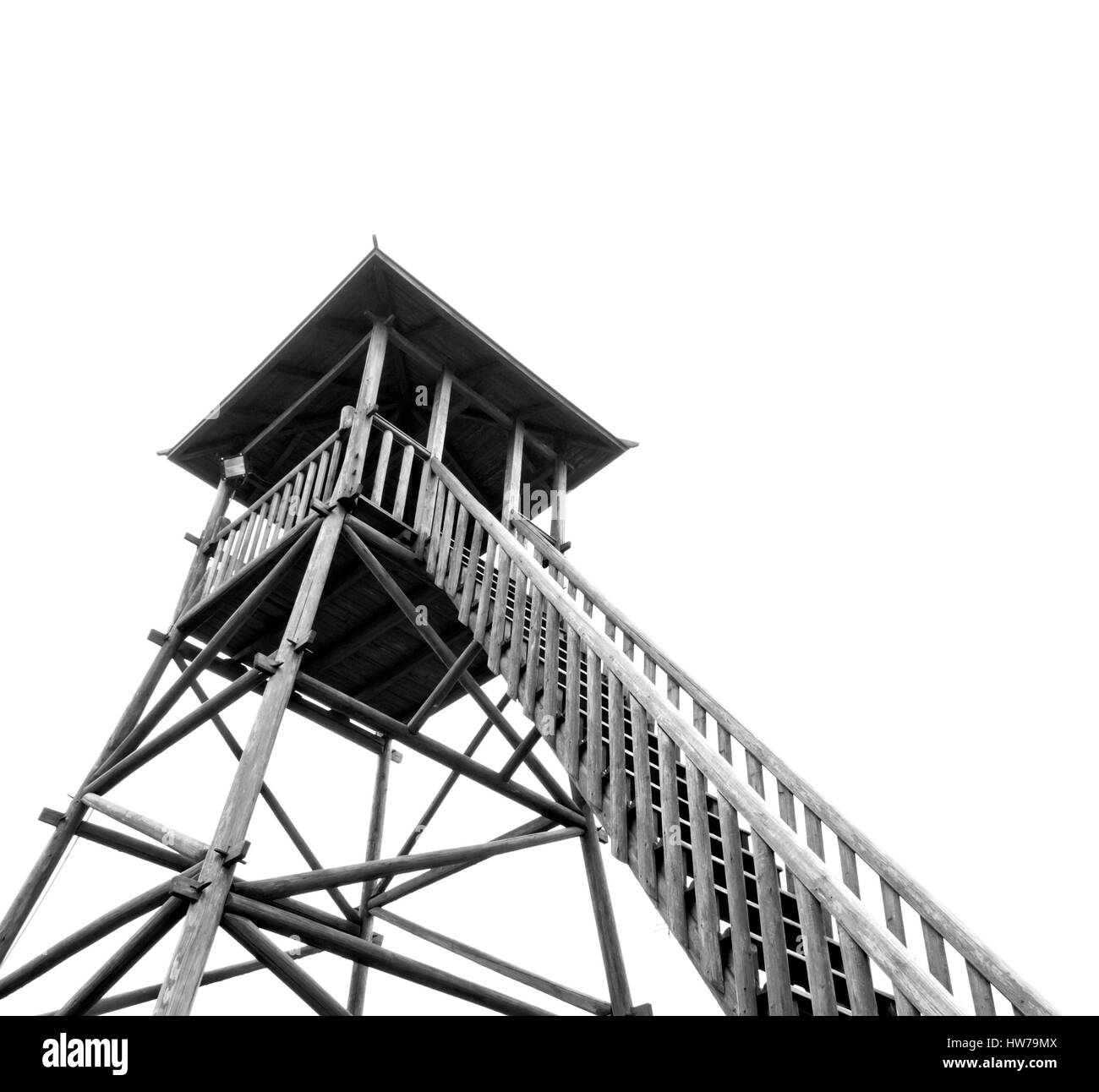 Hölzerner Aussichtsturm auf einem weißen Hintergrund isoliert Stockfoto