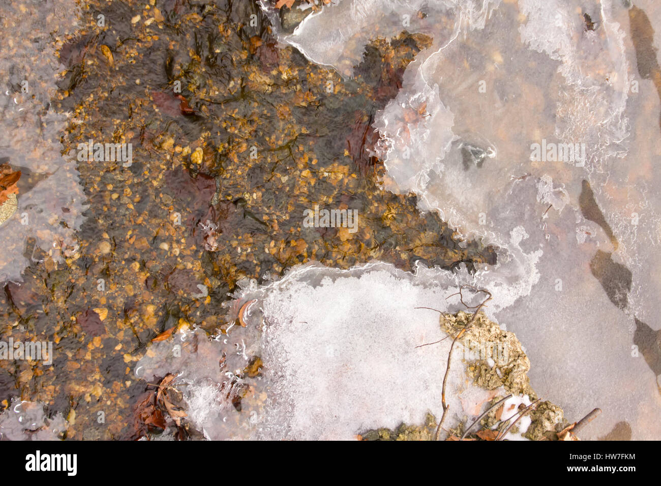 Teilweise zugefrorenen Bach mit Eis, Steine, und Blätter Stockfoto