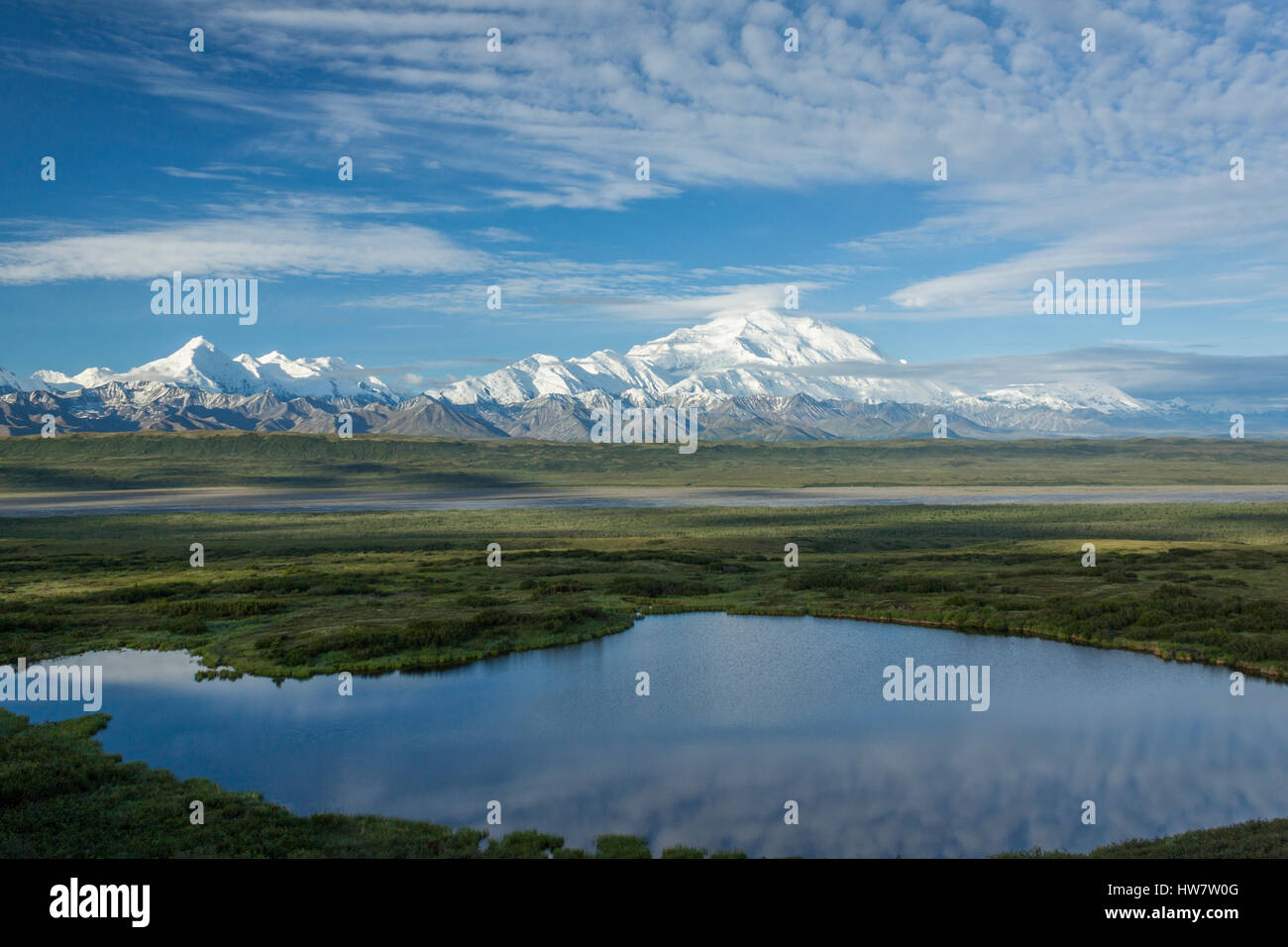 Blick auf die Alaska Range und McKinley Bar Fluss aus einem Wasserkocher Teich, Denali-Nationalpark, Alaska. Stockfoto