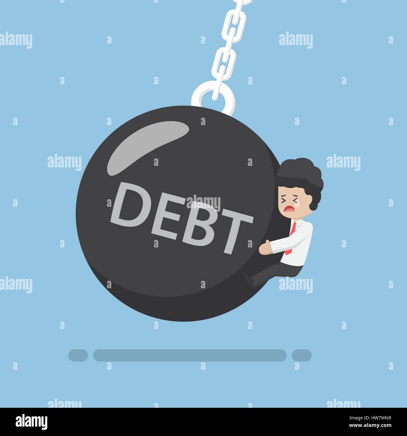 Geschäftsmann wird von Schulden Wrecking Ball, Schulden Konzept getroffen. Stock Vektor