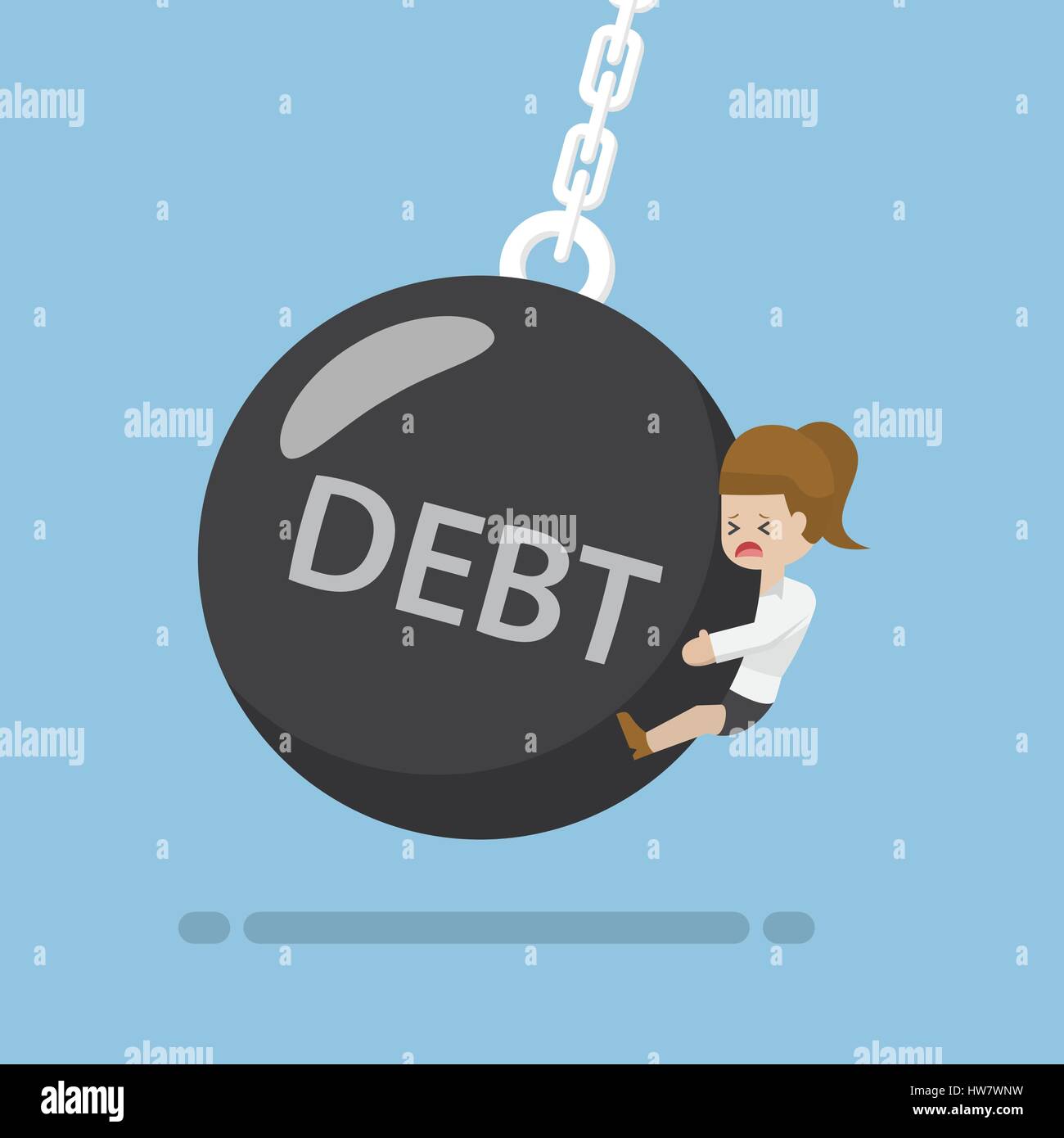 Geschäftsfrau wird von Schulden Wrecking Ball, Schulden Konzept getroffen. Stock Vektor
